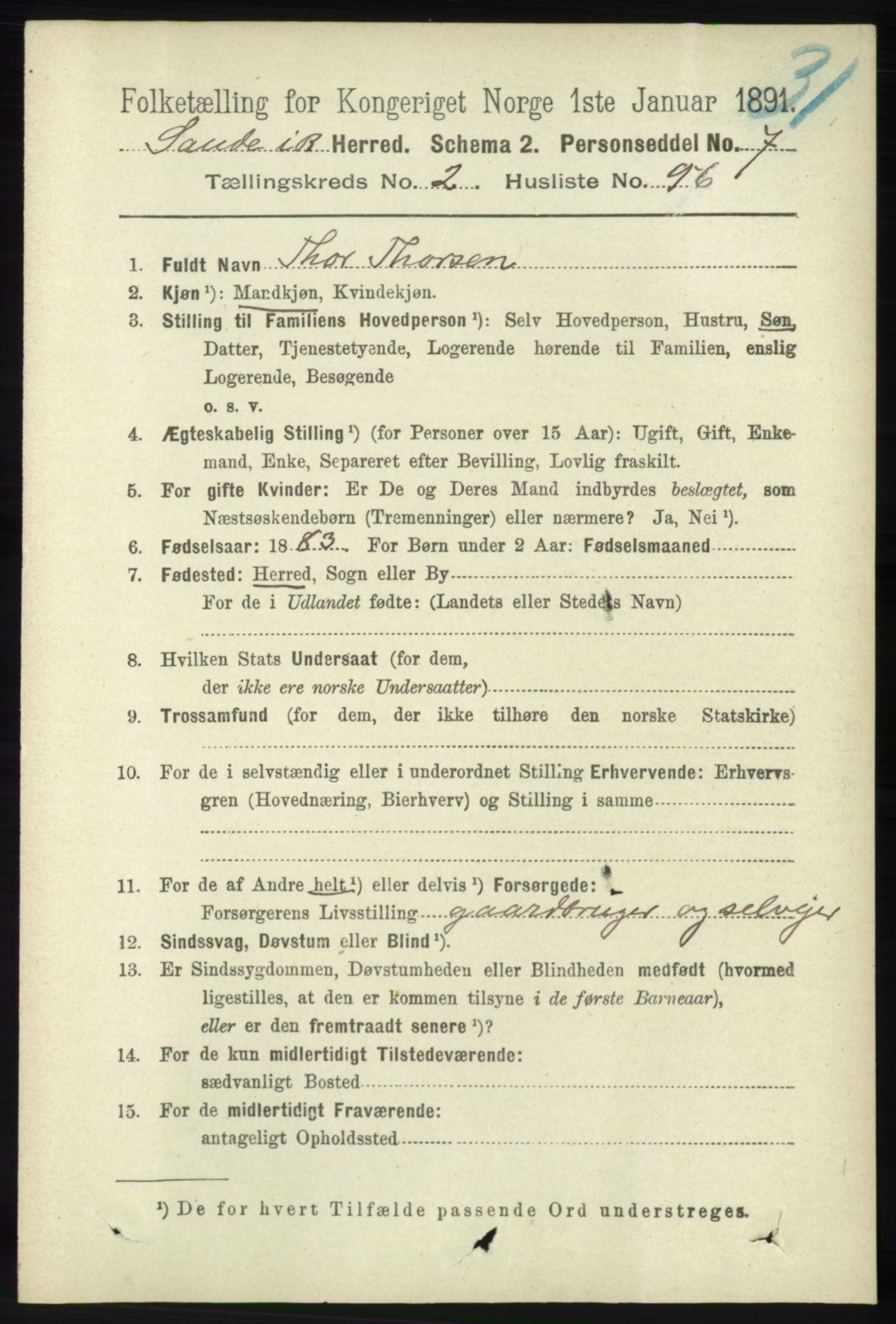 RA, 1891 census for 1135 Sauda, 1891, p. 1147