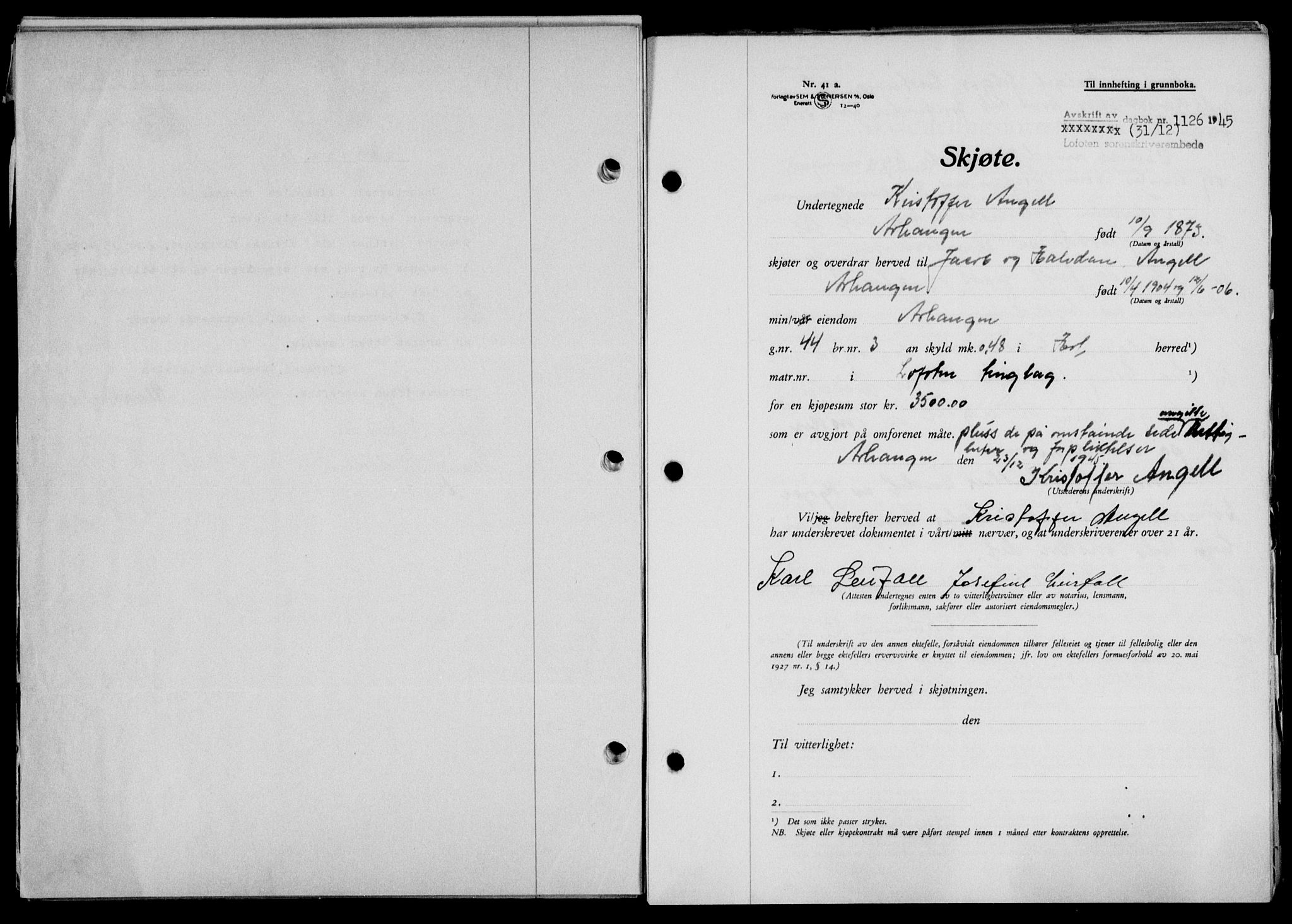 Lofoten sorenskriveri, SAT/A-0017/1/2/2C/L0013a: Mortgage book no. 13a, 1944-1946, Diary no: : 1126/1945