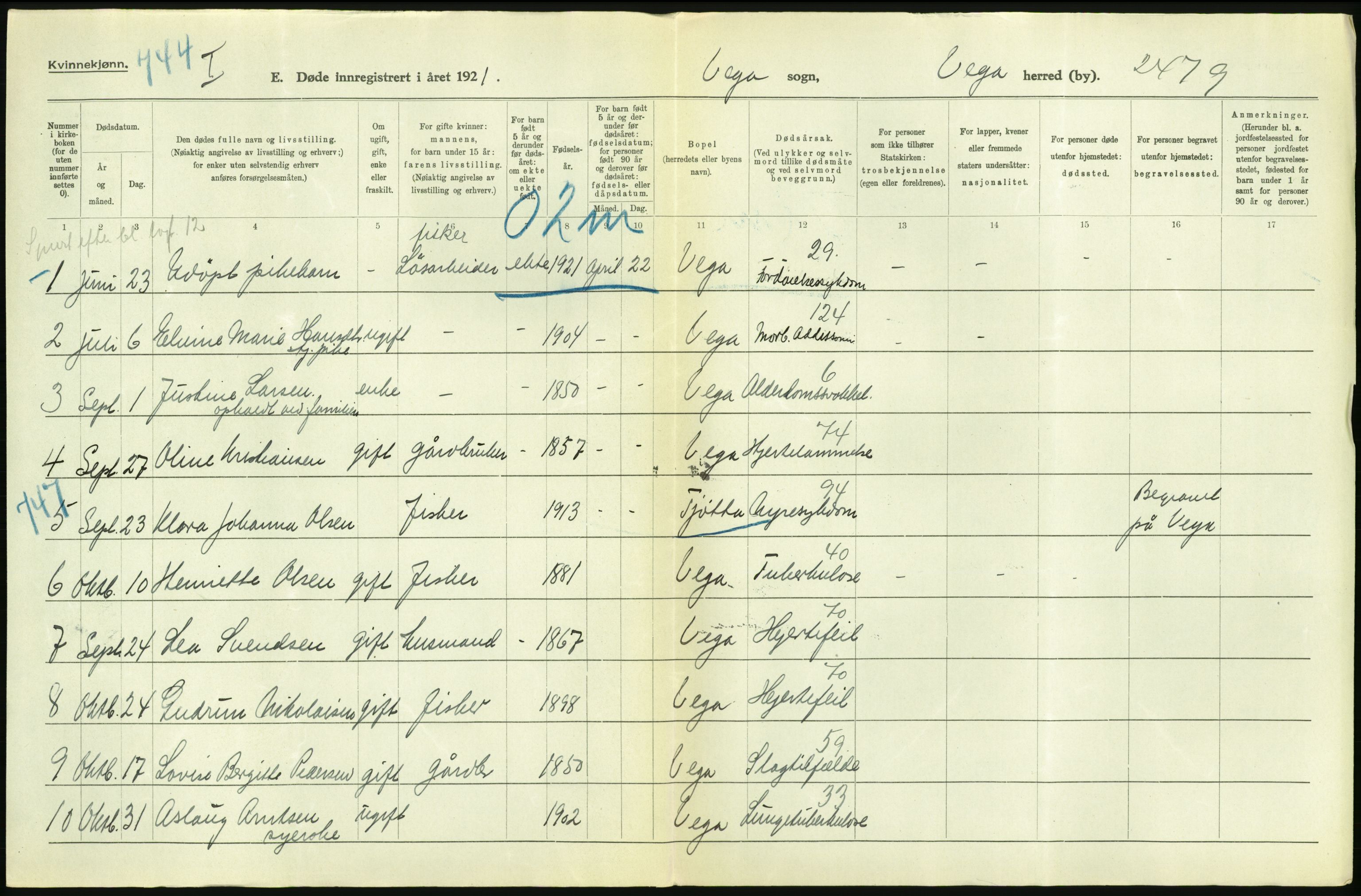 Statistisk sentralbyrå, Sosiodemografiske emner, Befolkning, AV/RA-S-2228/D/Df/Dfc/Dfca/L0051: Nordland fylke: Døde. Bygder og byer., 1921