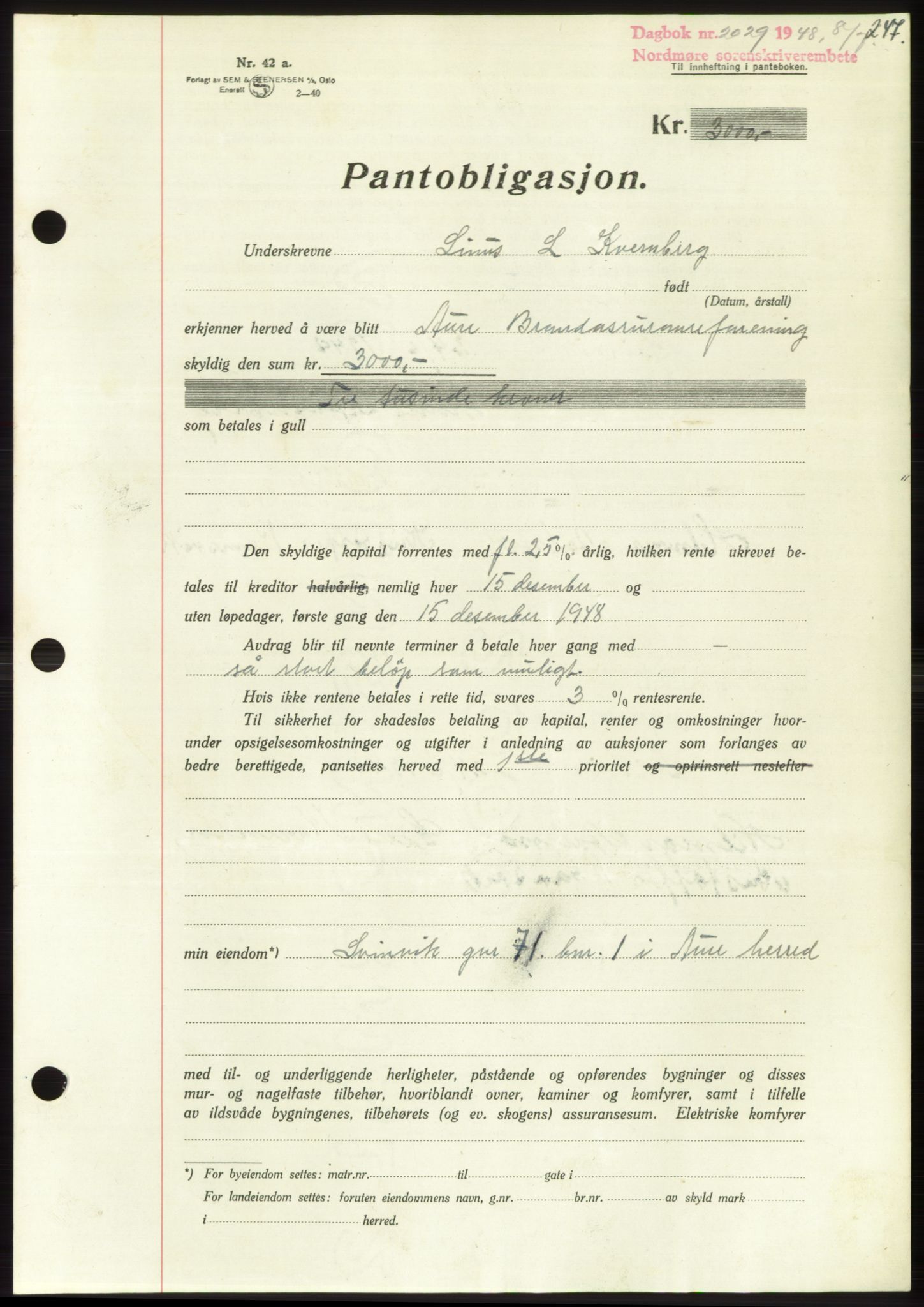 Nordmøre sorenskriveri, AV/SAT-A-4132/1/2/2Ca: Mortgage book no. B99, 1948-1948, Diary no: : 2029/1948