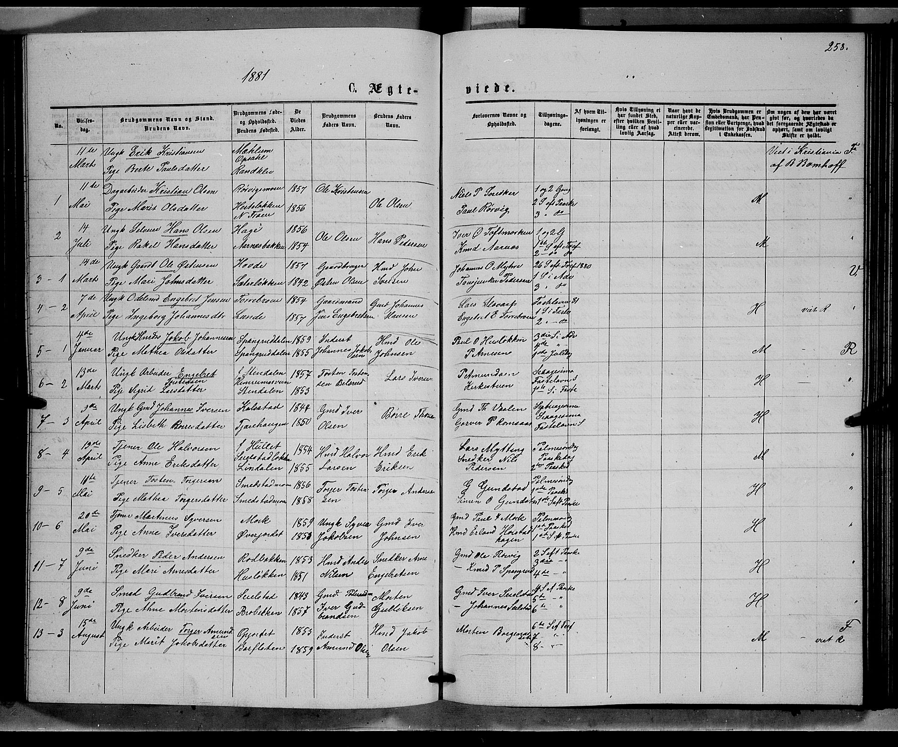 Ringebu prestekontor, SAH/PREST-082/H/Ha/Hab/L0006: Parish register (copy) no. 6, 1880-1898, p. 258