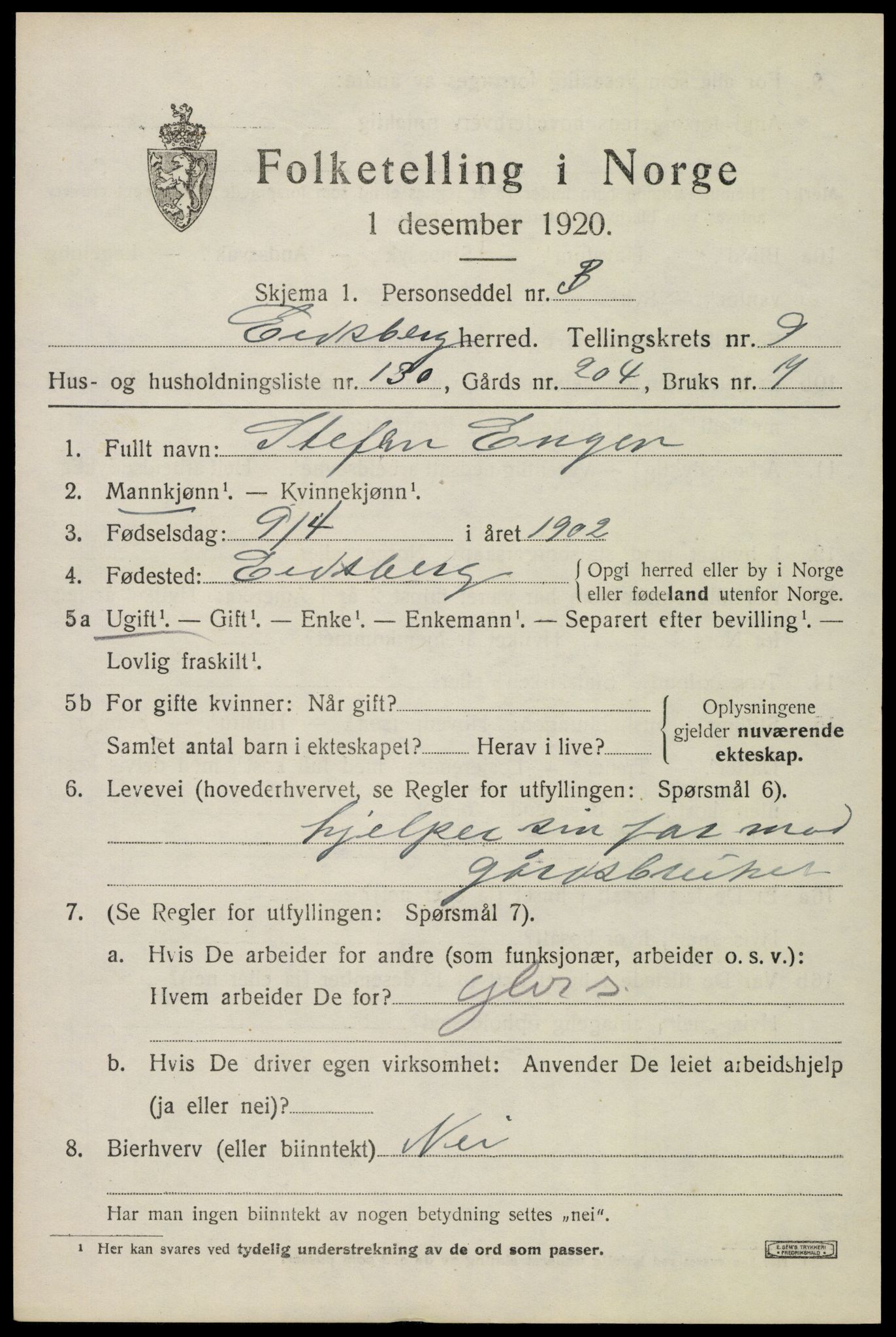 SAO, 1920 census for Eidsberg, 1920, p. 11935