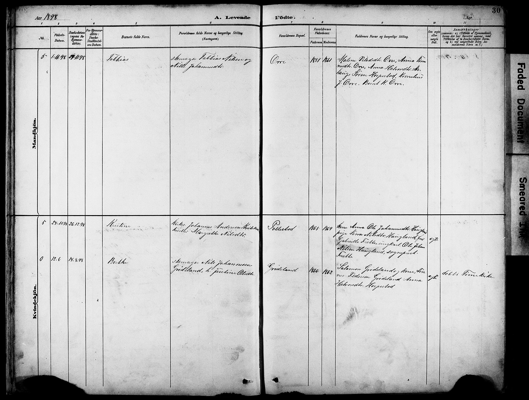 Klepp sokneprestkontor, AV/SAST-A-101803/001/3/30BB/L0005: Parish register (copy) no. B 5, 1889-1918, p. 30