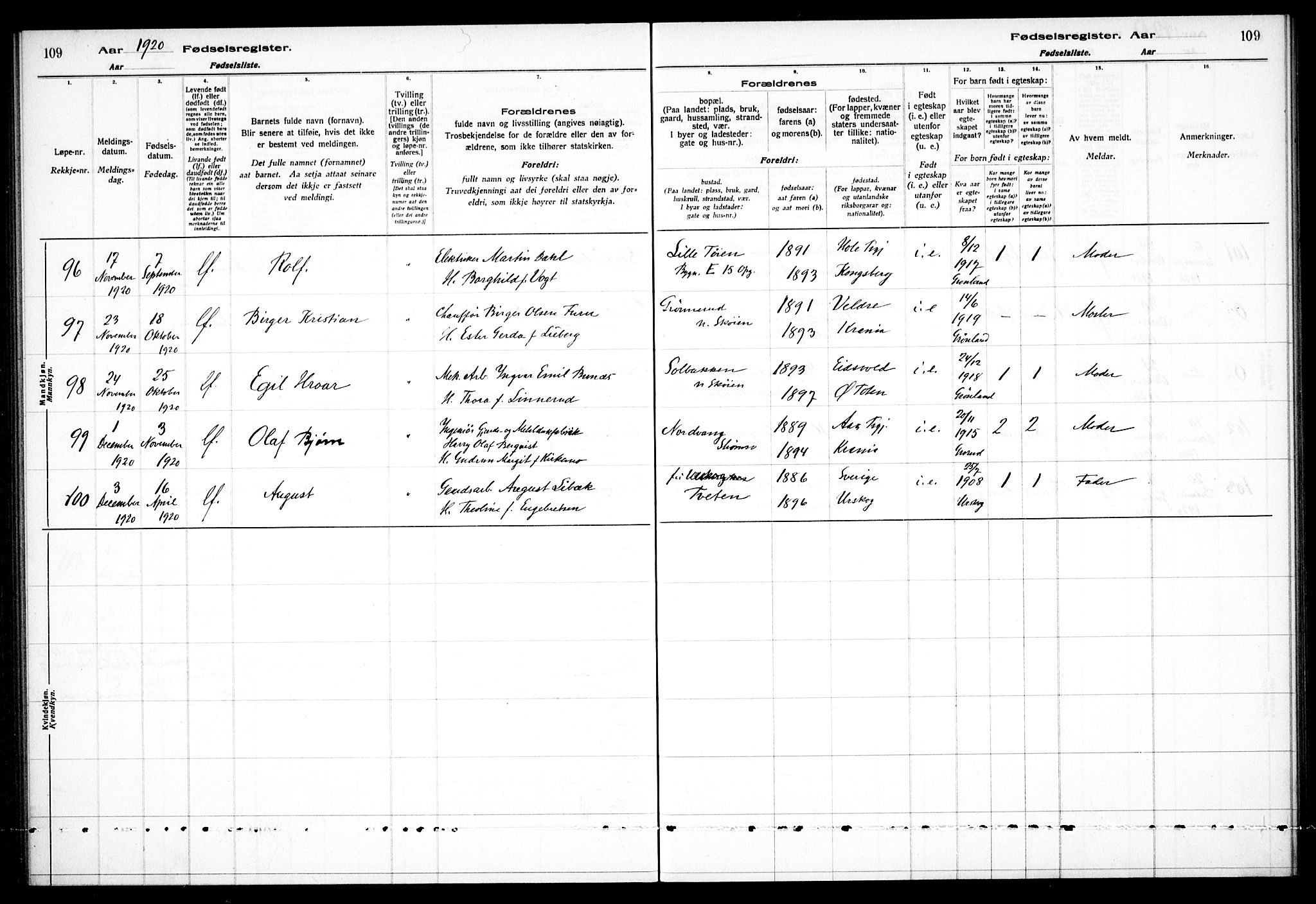 Østre Aker prestekontor Kirkebøker, AV/SAO-A-10840/J/Ja/L0001: Birth register no. I 1, 1916-1923, p. 109