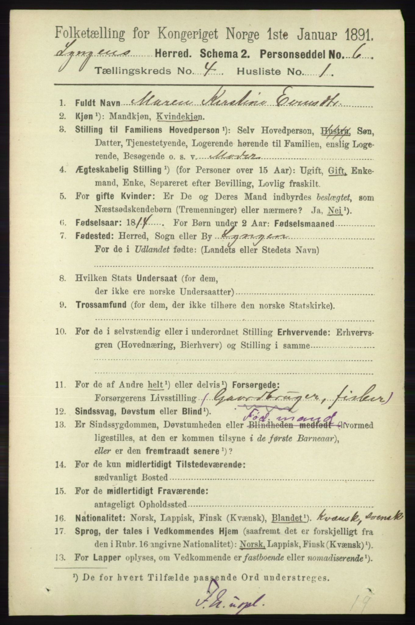 RA, 1891 census for 1938 Lyngen, 1891, p. 3672