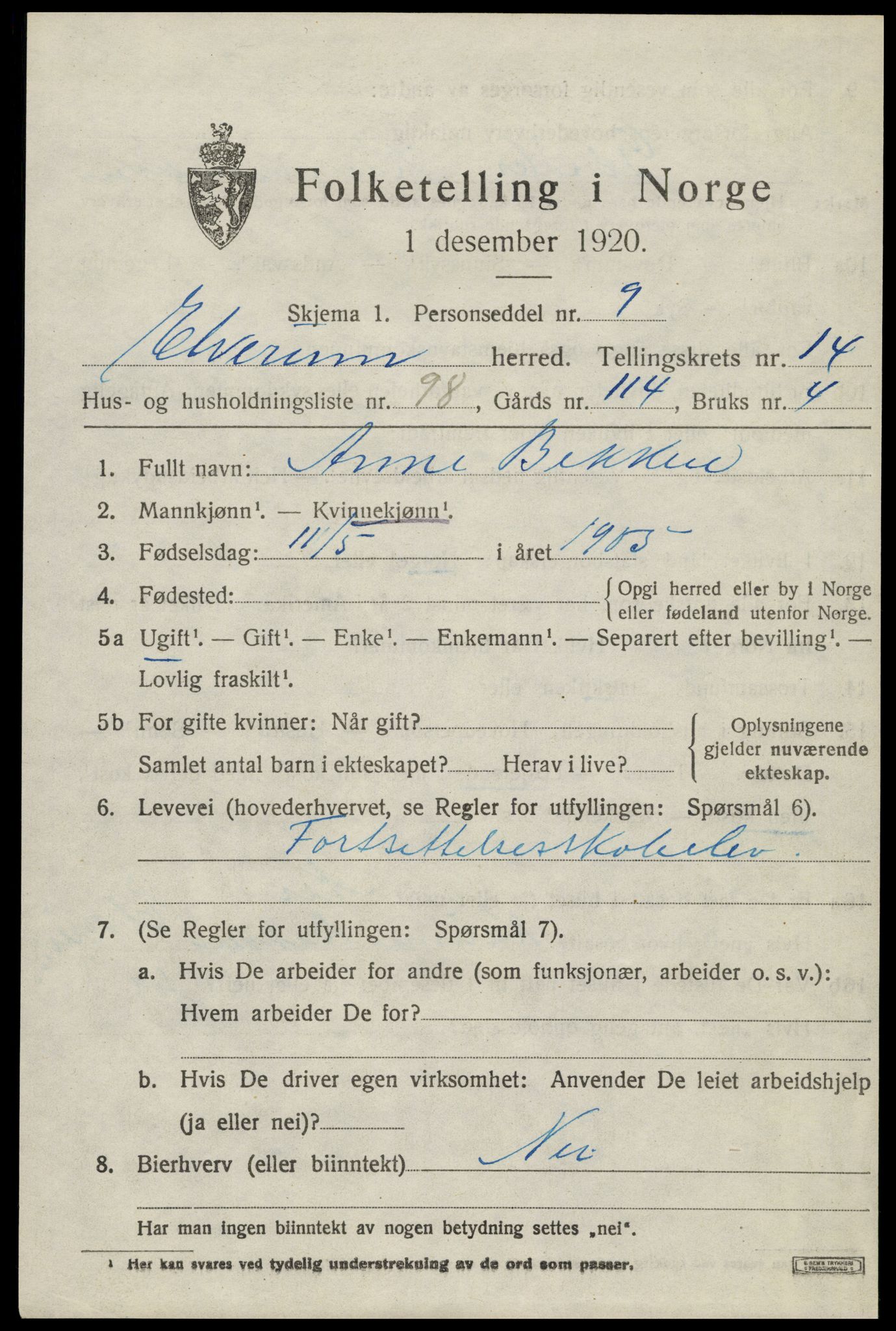 SAH, 1920 census for Elverum, 1920, p. 19248