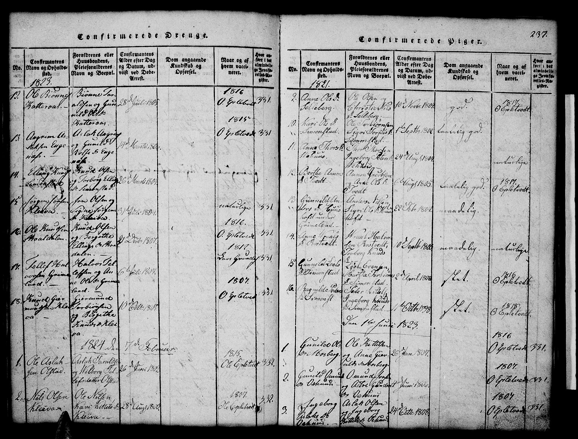 Åmli sokneprestkontor, AV/SAK-1111-0050/F/Fb/Fbc/L0001: Parish register (copy) no. B 1, 1816-1867, p. 237