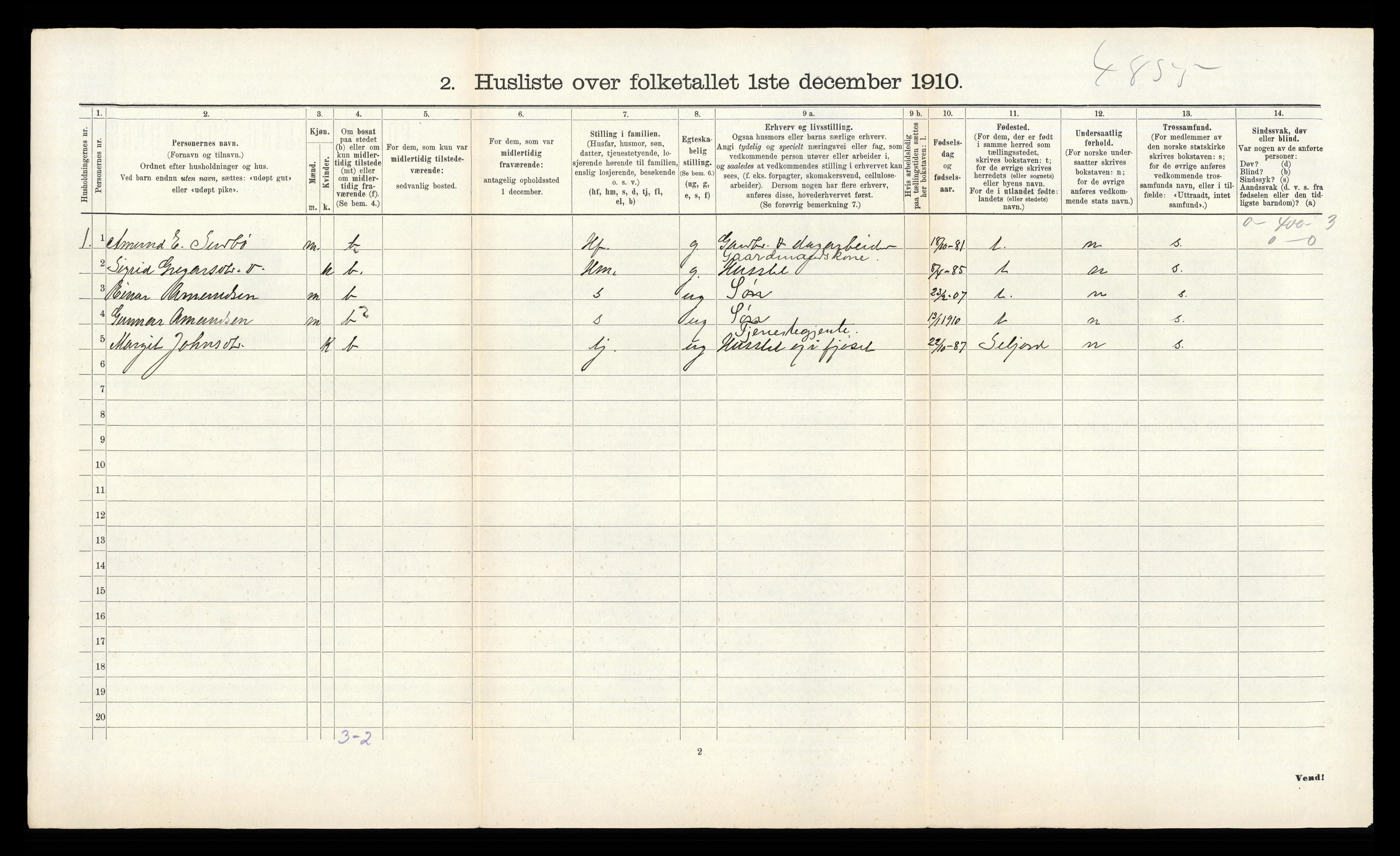 RA, 1910 census for Kviteseid, 1910, p. 647