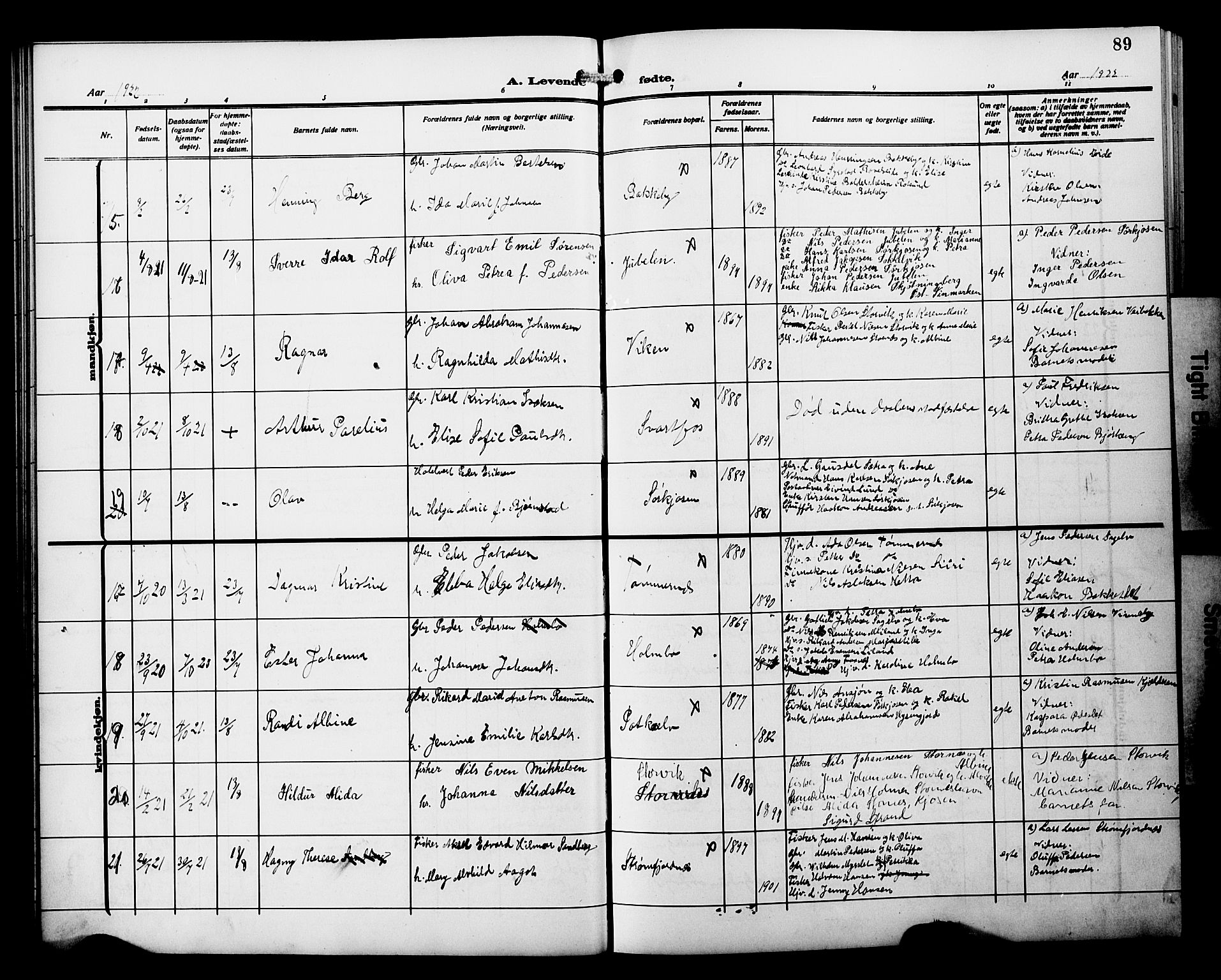 Skjervøy sokneprestkontor, AV/SATØ-S-1300/H/Ha/Hab/L0022klokker: Parish register (copy) no. 22, 1910-1926, p. 89