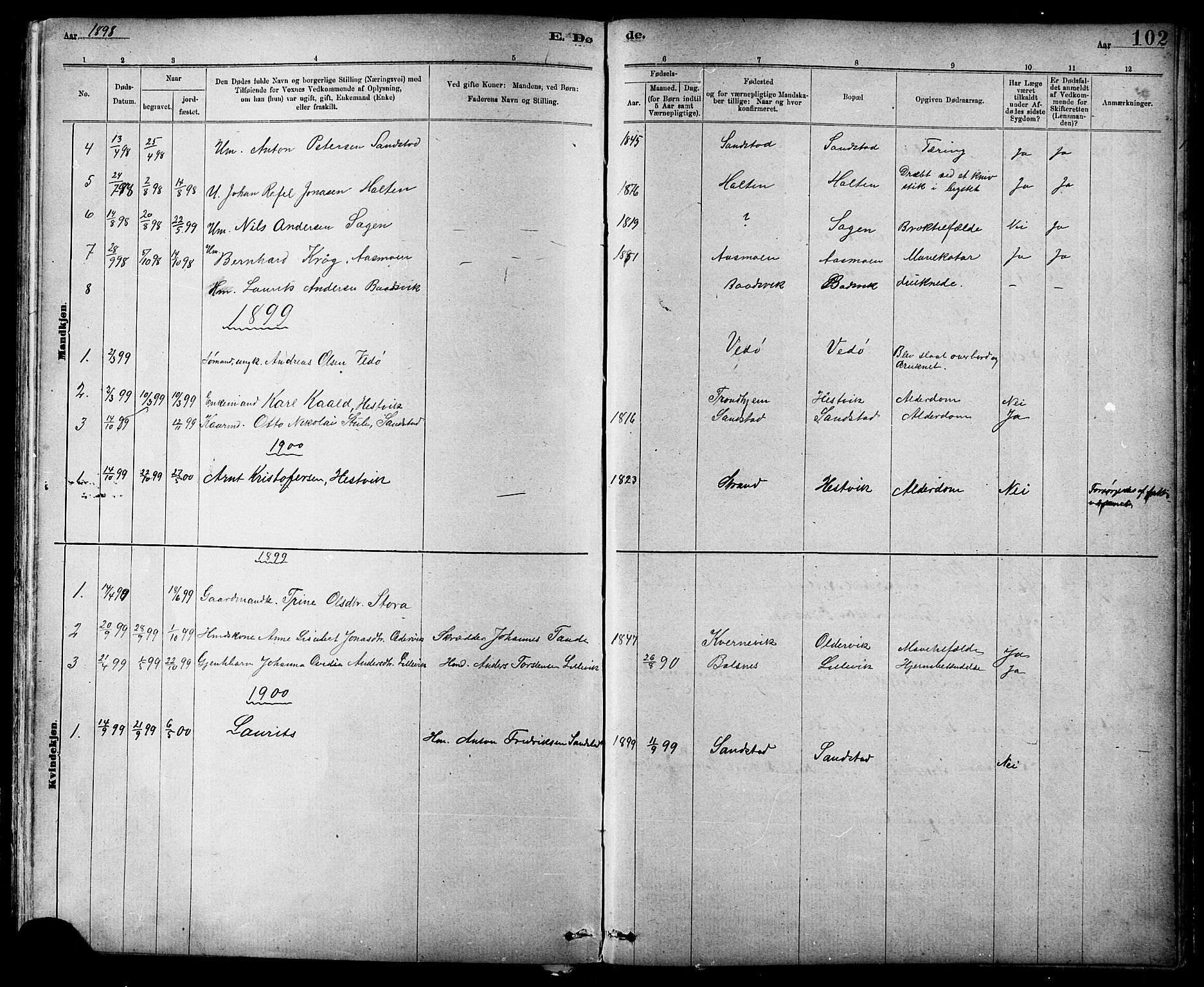 Ministerialprotokoller, klokkerbøker og fødselsregistre - Sør-Trøndelag, AV/SAT-A-1456/639/L0573: Parish register (copy) no. 639C01, 1890-1905, p. 102