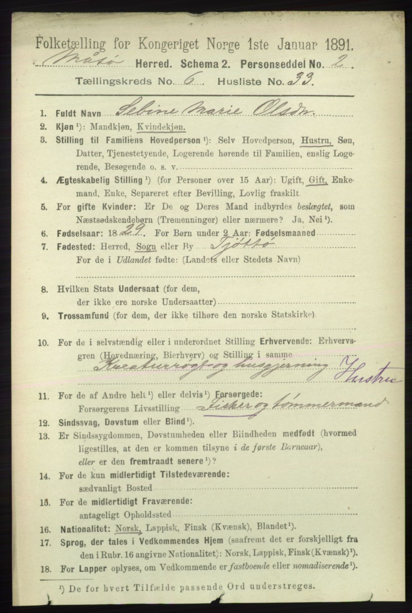 RA, 1891 census for 2018 Måsøy, 1891, p. 1316