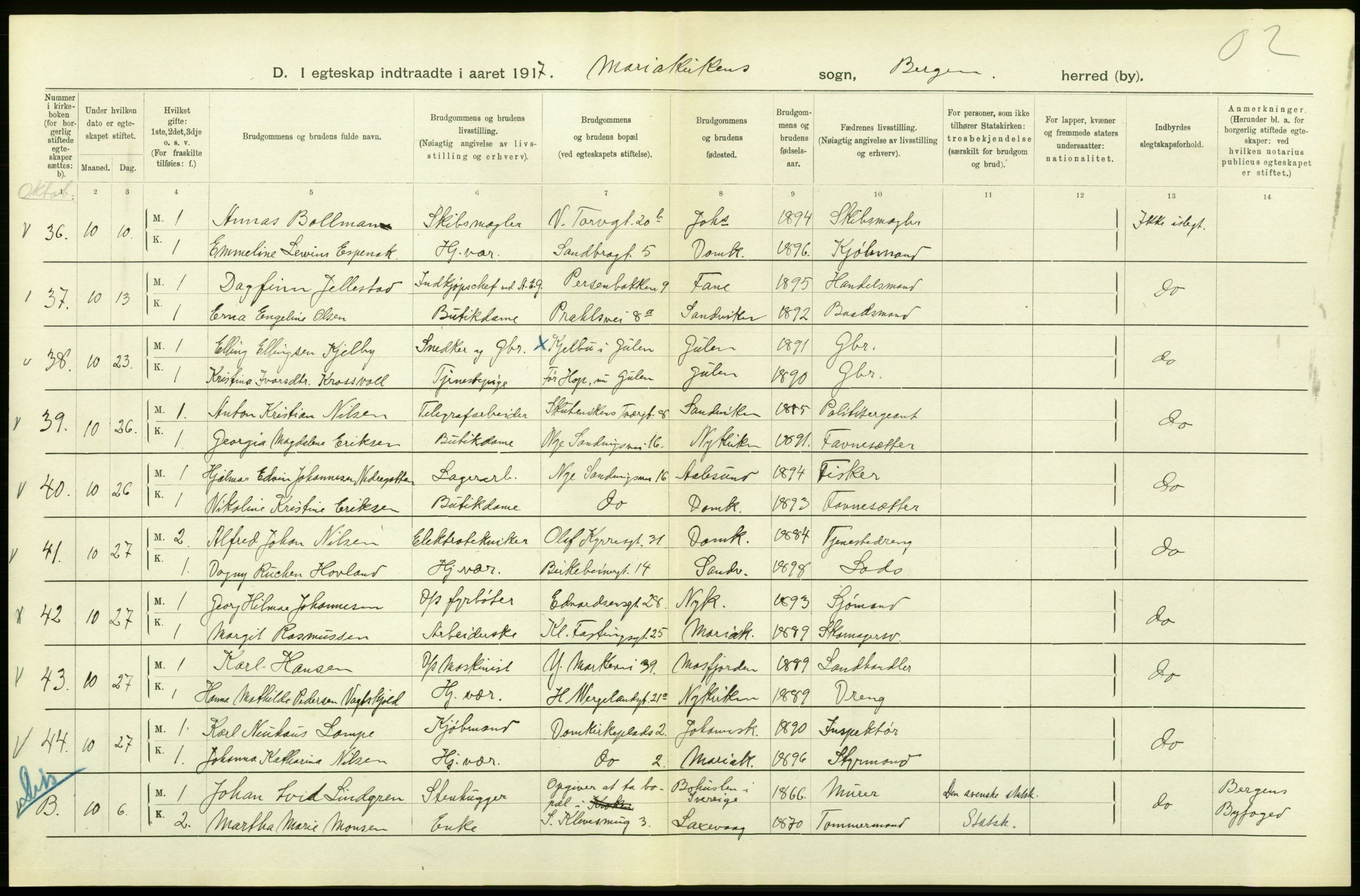 Statistisk sentralbyrå, Sosiodemografiske emner, Befolkning, AV/RA-S-2228/D/Df/Dfb/Dfbg/L0038: Bergen: Gifte, døde, dødfødte., 1917, p. 226