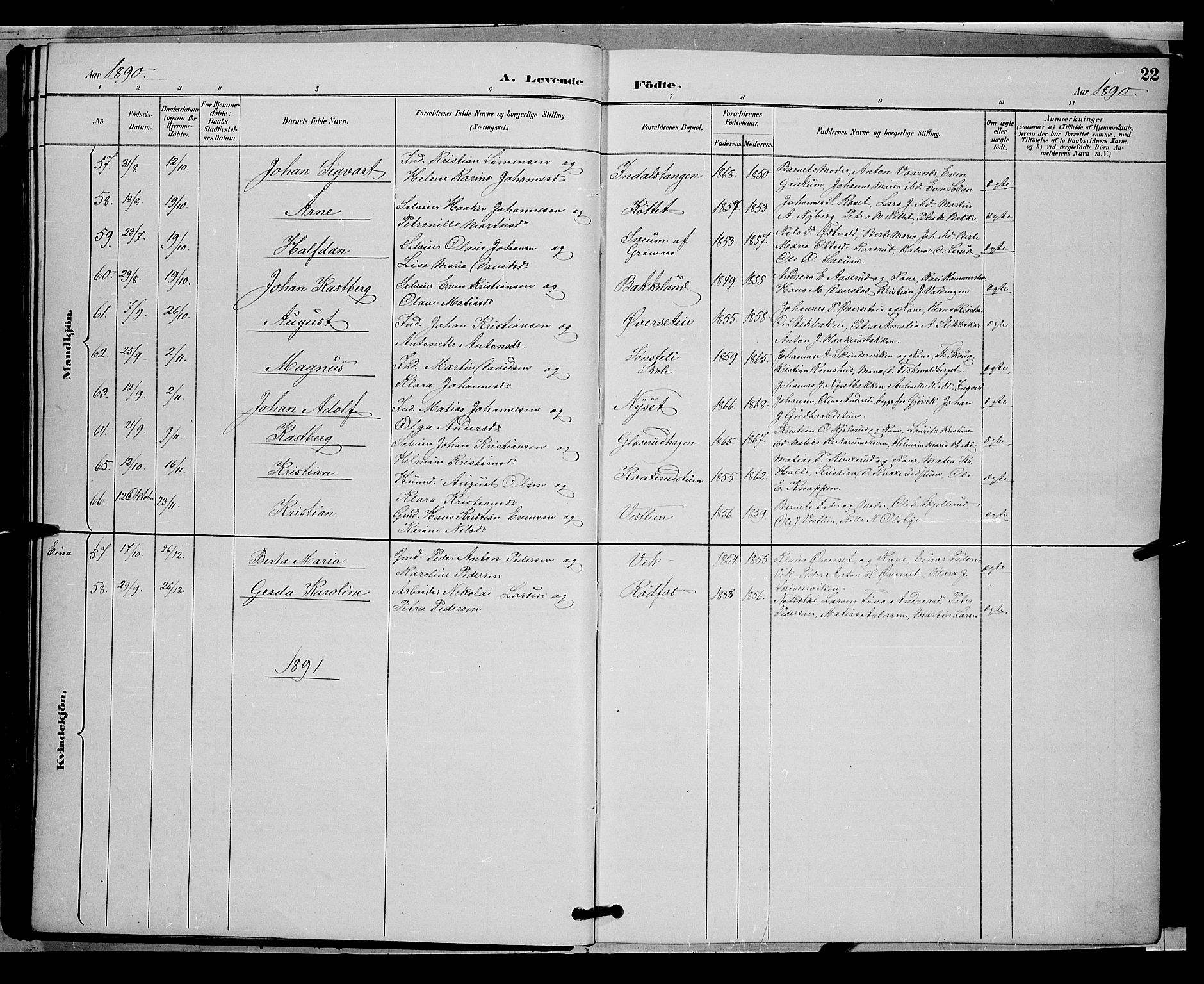 Vestre Toten prestekontor, SAH/PREST-108/H/Ha/Hab/L0009: Parish register (copy) no. 9, 1888-1900, p. 22