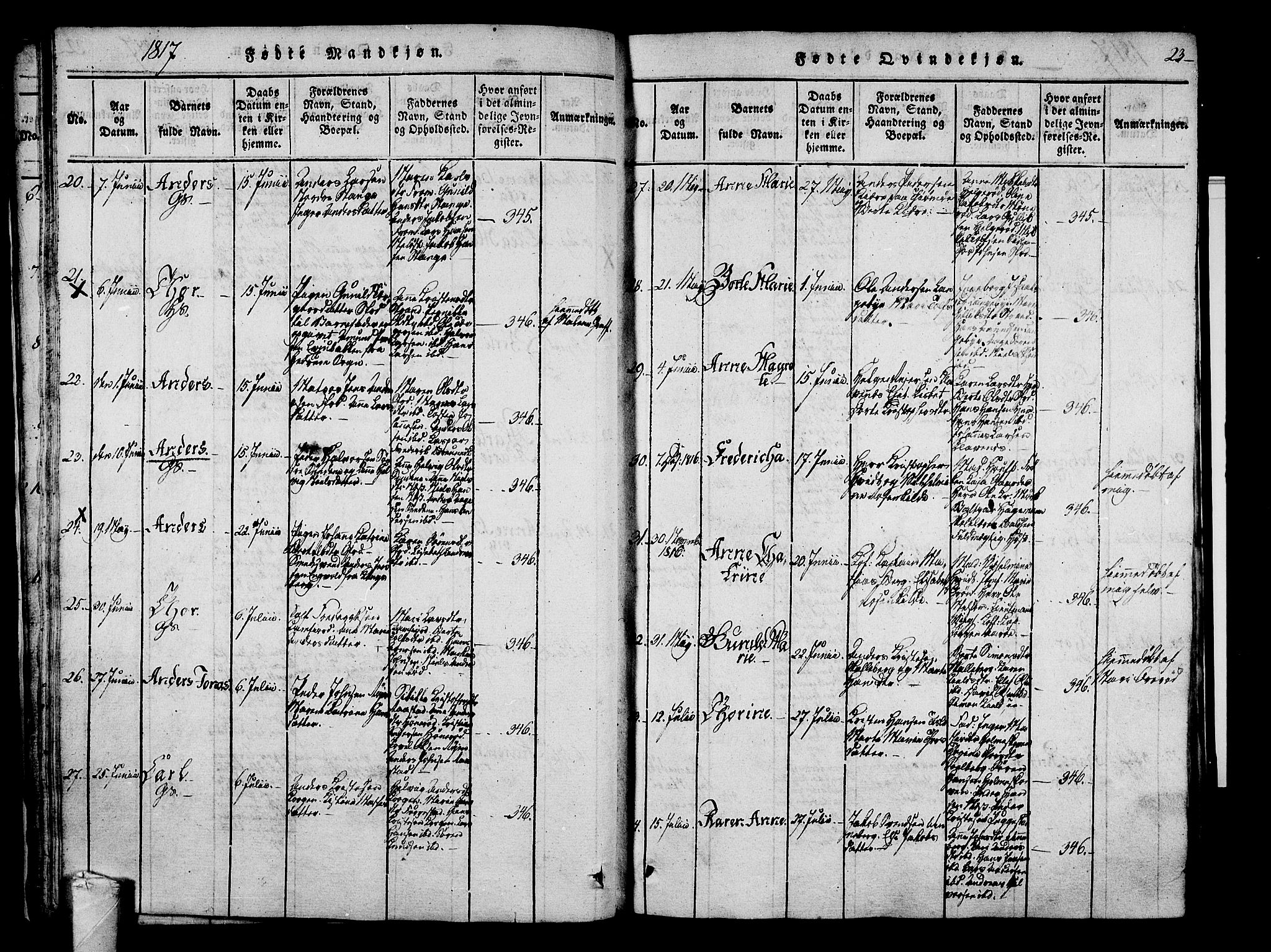 Sandar kirkebøker, SAKO/A-243/F/Fa/L0004: Parish register (official) no. 4, 1814-1832, p. 23
