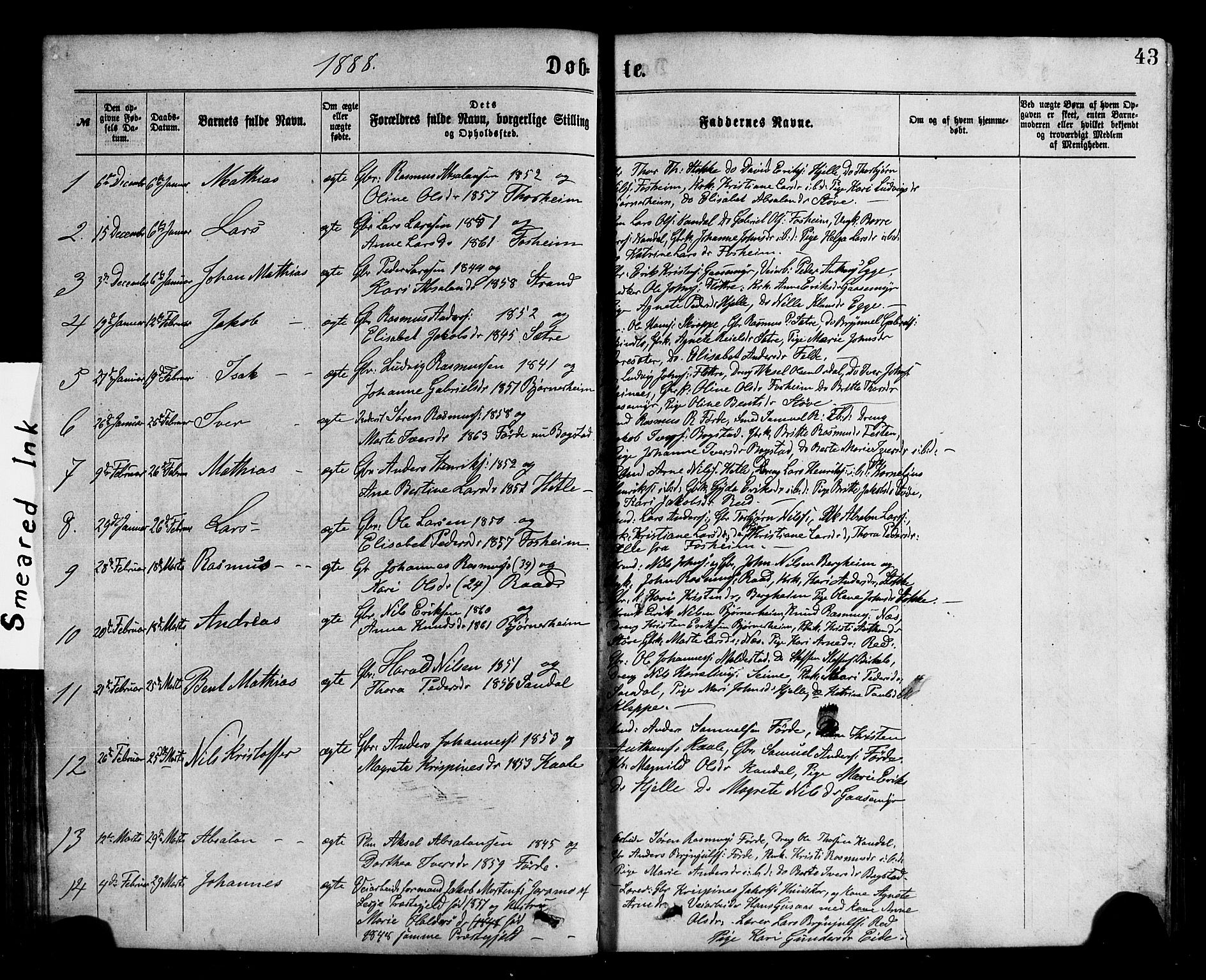 Gloppen sokneprestembete, AV/SAB-A-80101/H/Hab/Habc/L0001: Parish register (copy) no. C 1, 1872-1896, p. 43