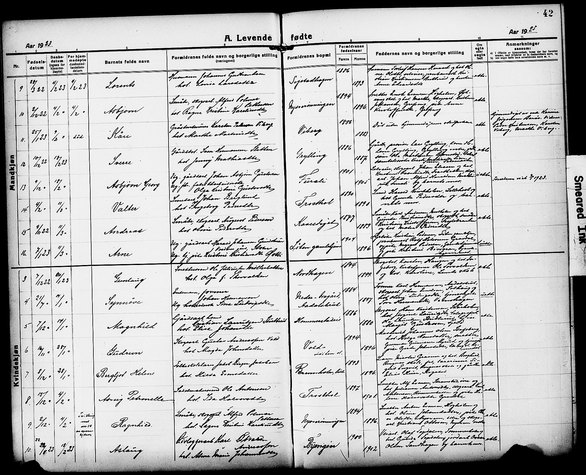 Løten prestekontor, AV/SAH-PREST-022/L/La/L0008: Parish register (copy) no. 8, 1920-1929, p. 42