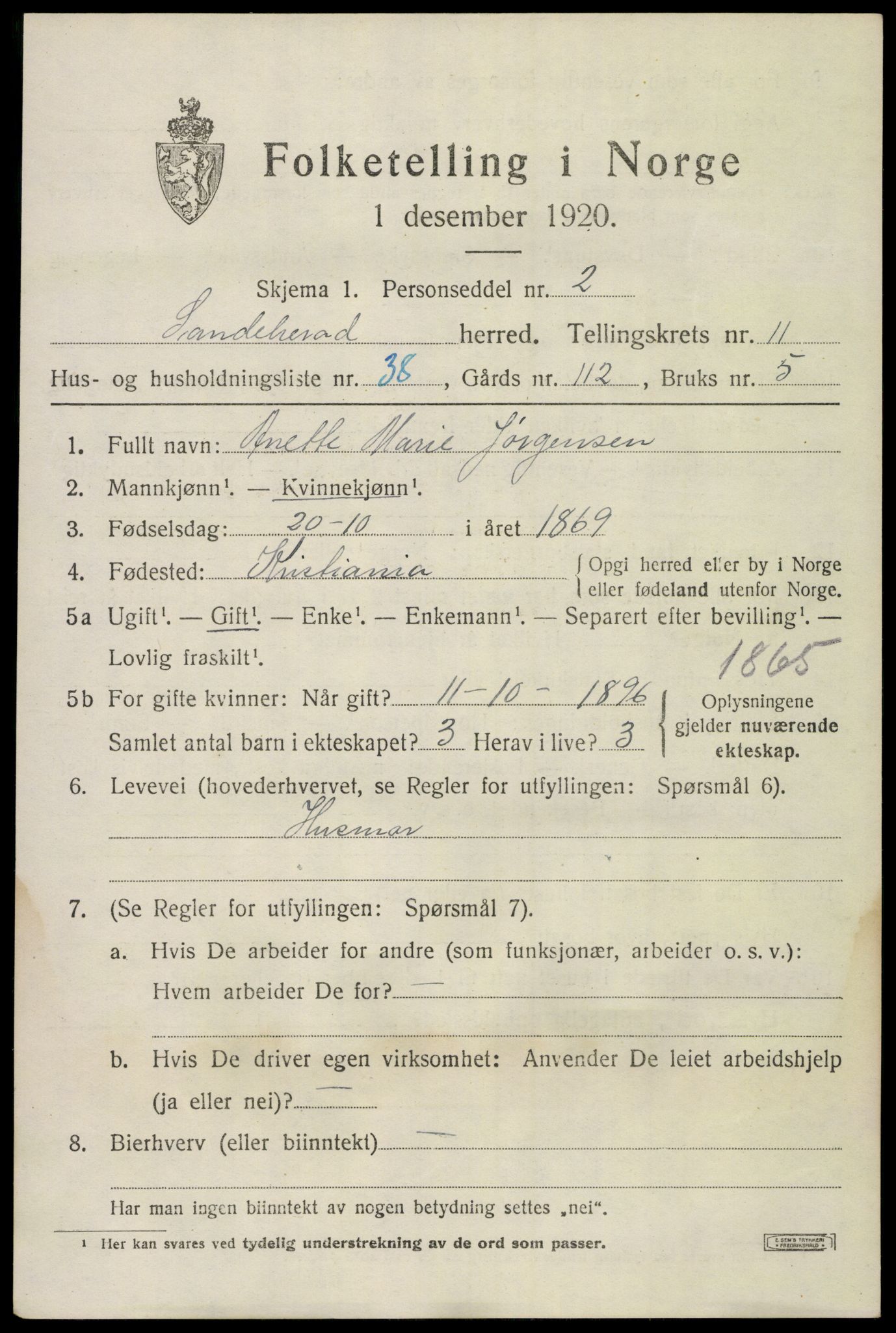 SAKO, 1920 census for Sandeherred, 1920, p. 16138