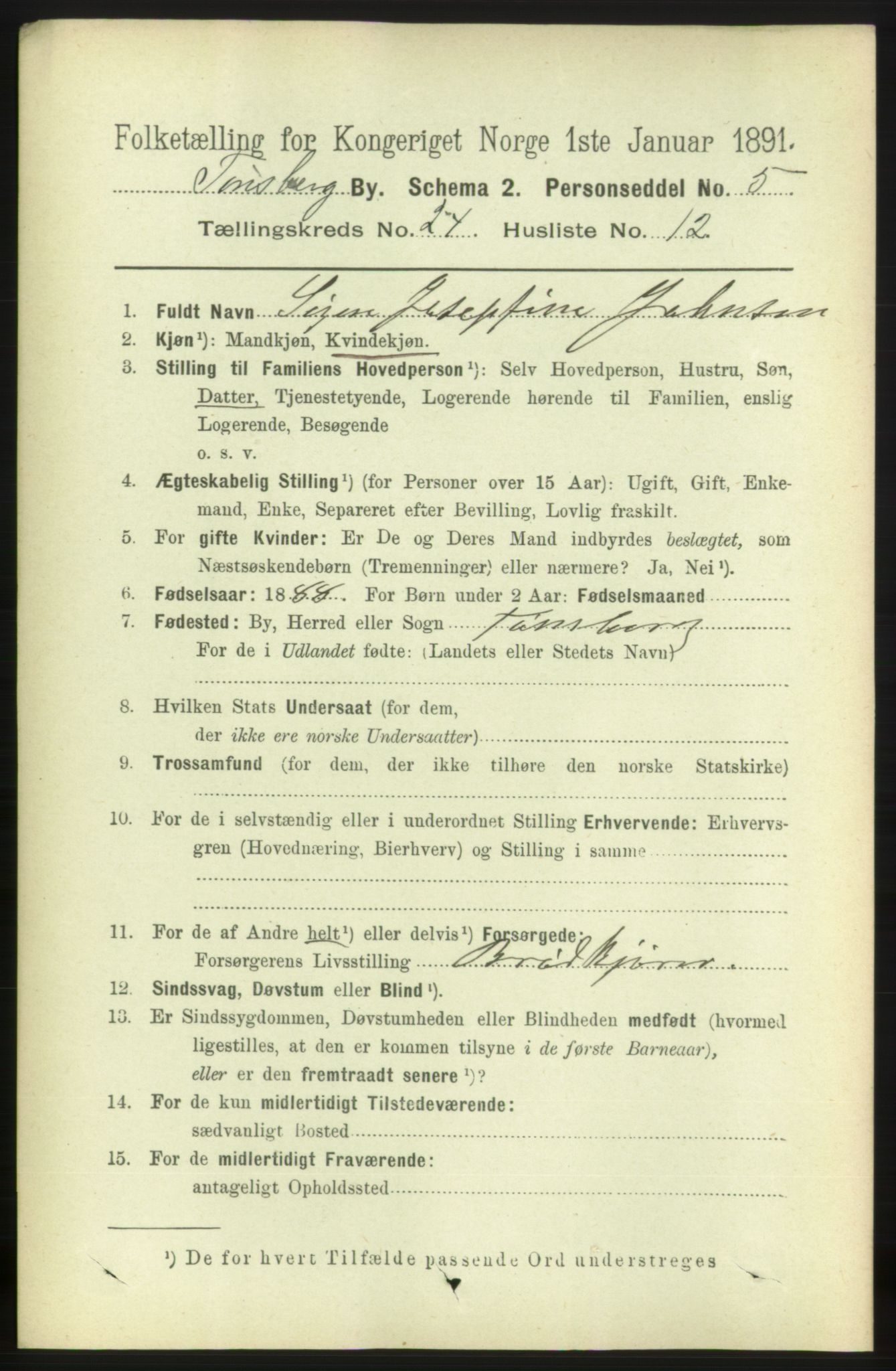 RA, 1891 census for 0705 Tønsberg, 1891, p. 6463