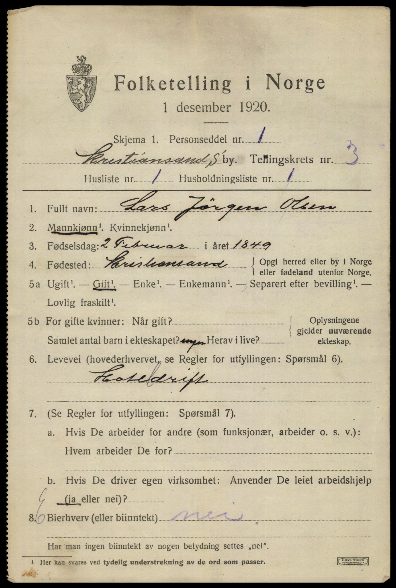 SAK, 1920 census for Kristiansand, 1920, p. 13729