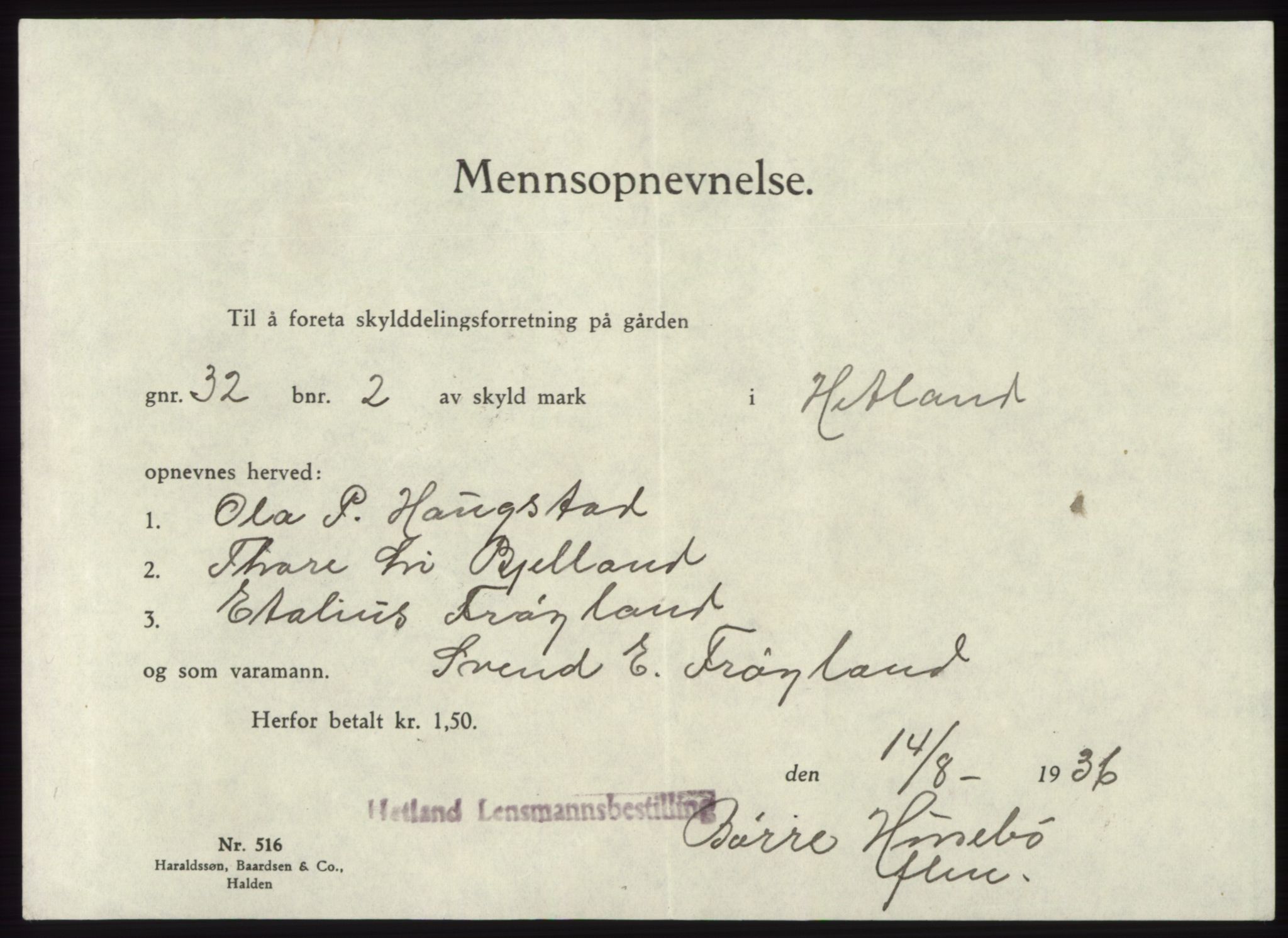 Jæren sorenskriveri, SAST/A-100310/03/G/Gba/L0066: Mortgage book no. 71-72, 1936-1936, Diary no: : 2594/1936