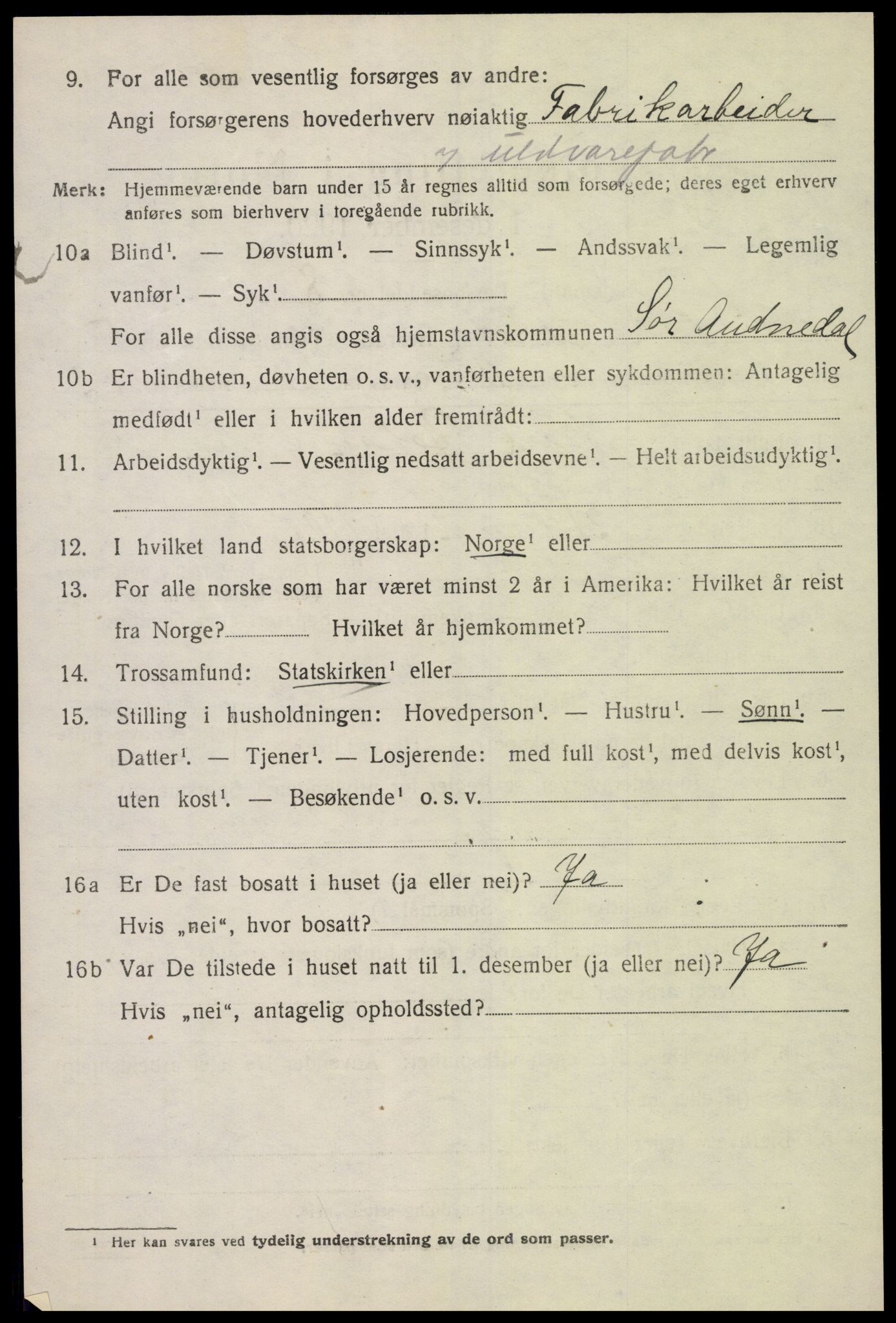 SAK, 1920 census for Sør-Audnedal, 1920, p. 2612