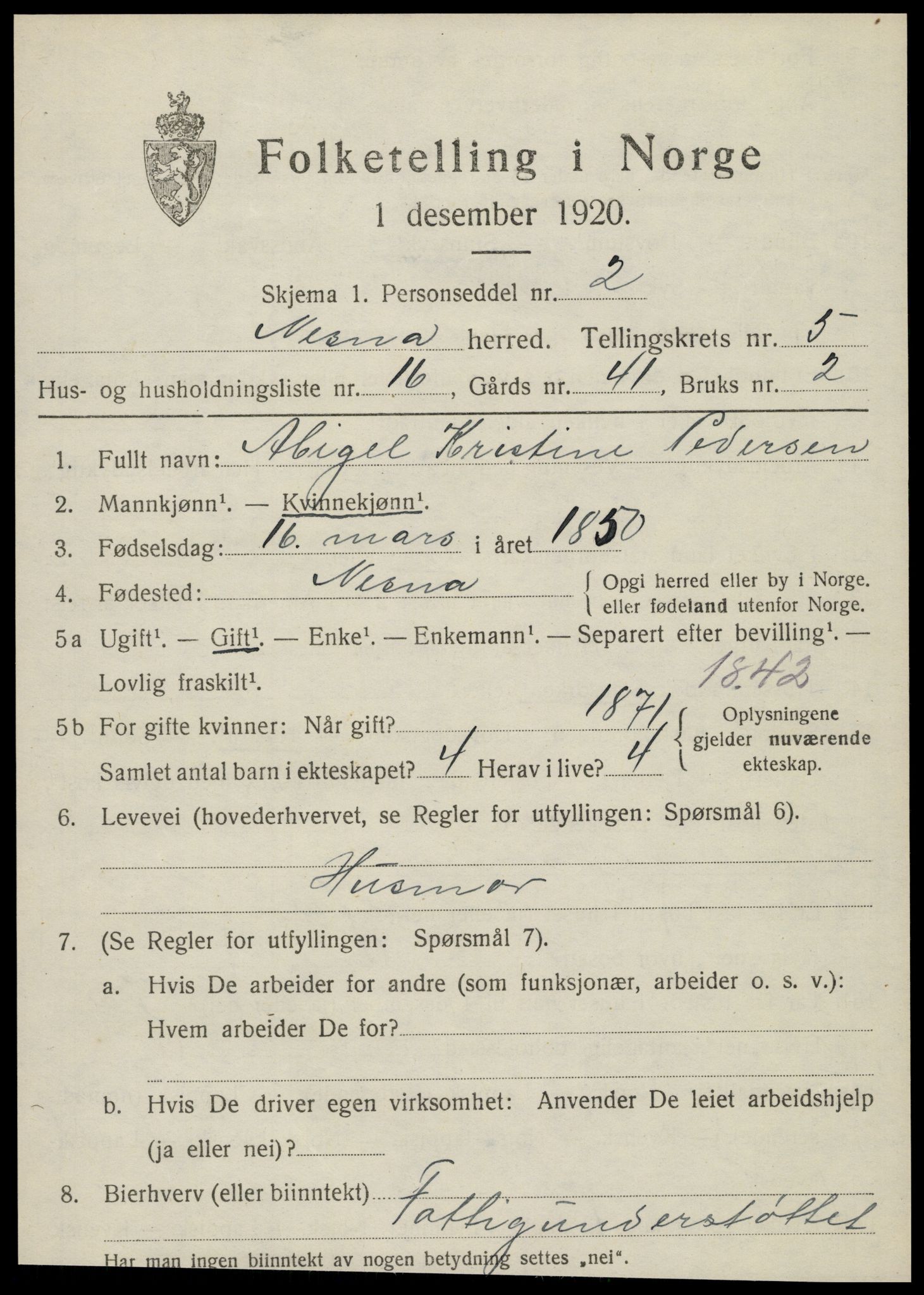 SAT, 1920 census for Nesna, 1920, p. 4173
