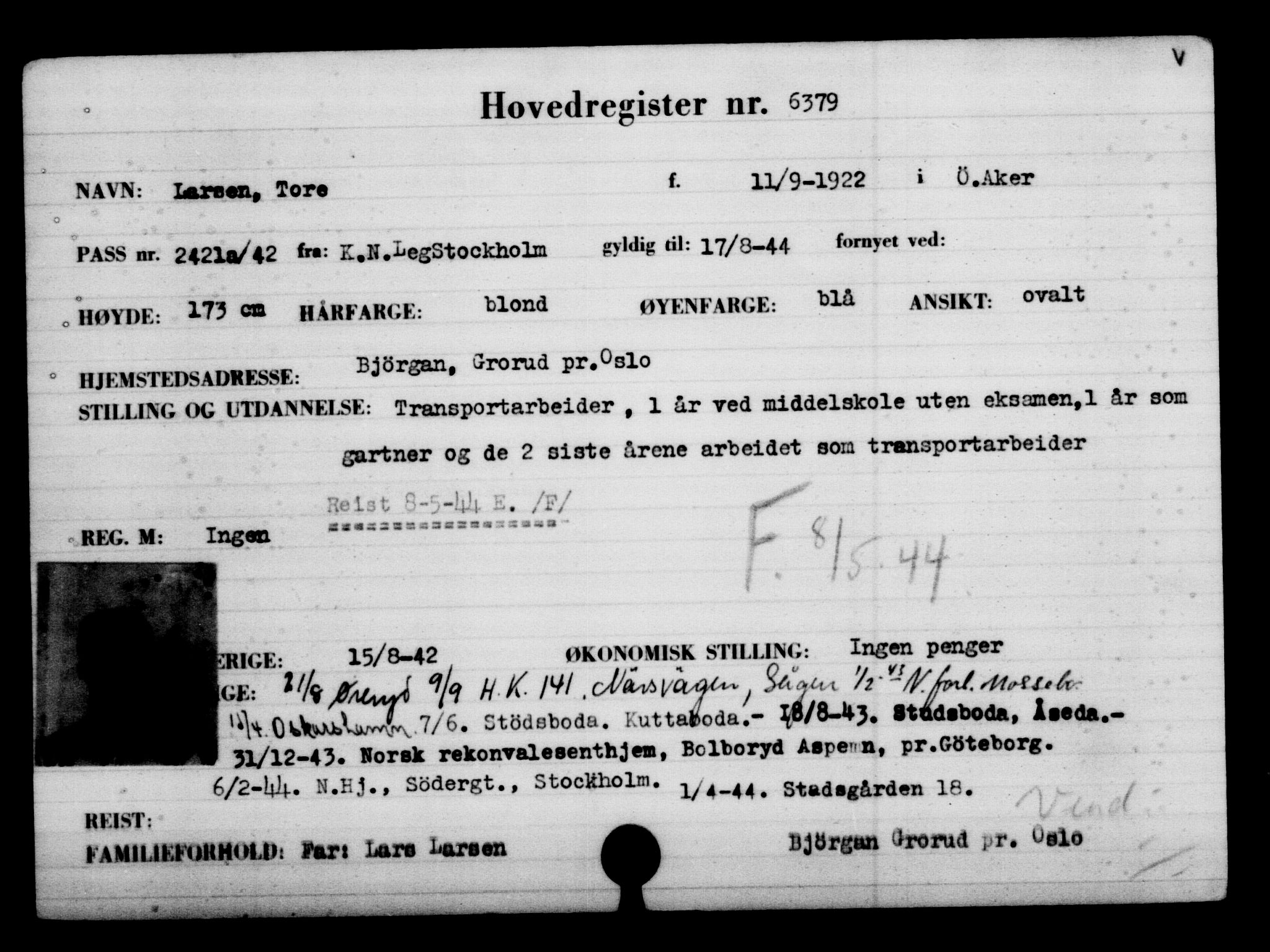 Utenriksstasjonene, Legasjonen i Stockholm, Flyktningkontoret, AV/RA-S-6753/V/Va/L0004: Kjesäterkartoteket, flyktninger med registreringsnr. 3496-6610, 1940-1945, p. 3410