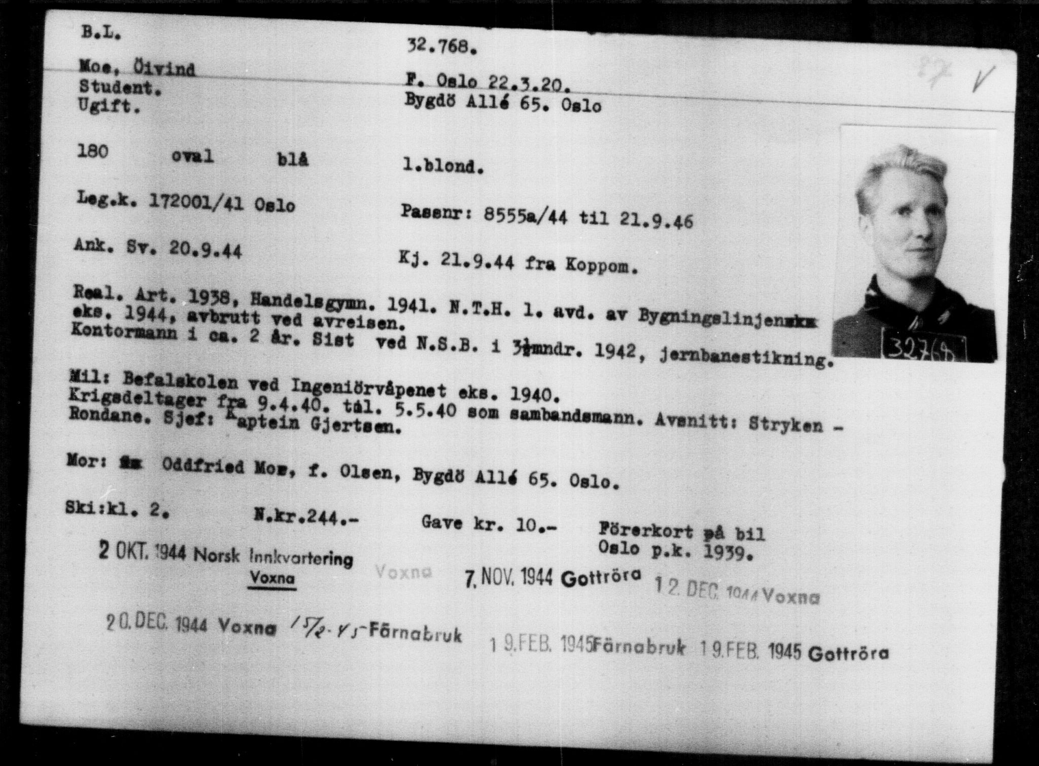 Utenriksstasjonene, Legasjonen i Stockholm, Flyktningkontoret, AV/RA-S-6753/V/Va/L0013: Kjesäterkartoteket, flyktninger med registreringsnr. 31500-34731, 1940-1945, p. 1330