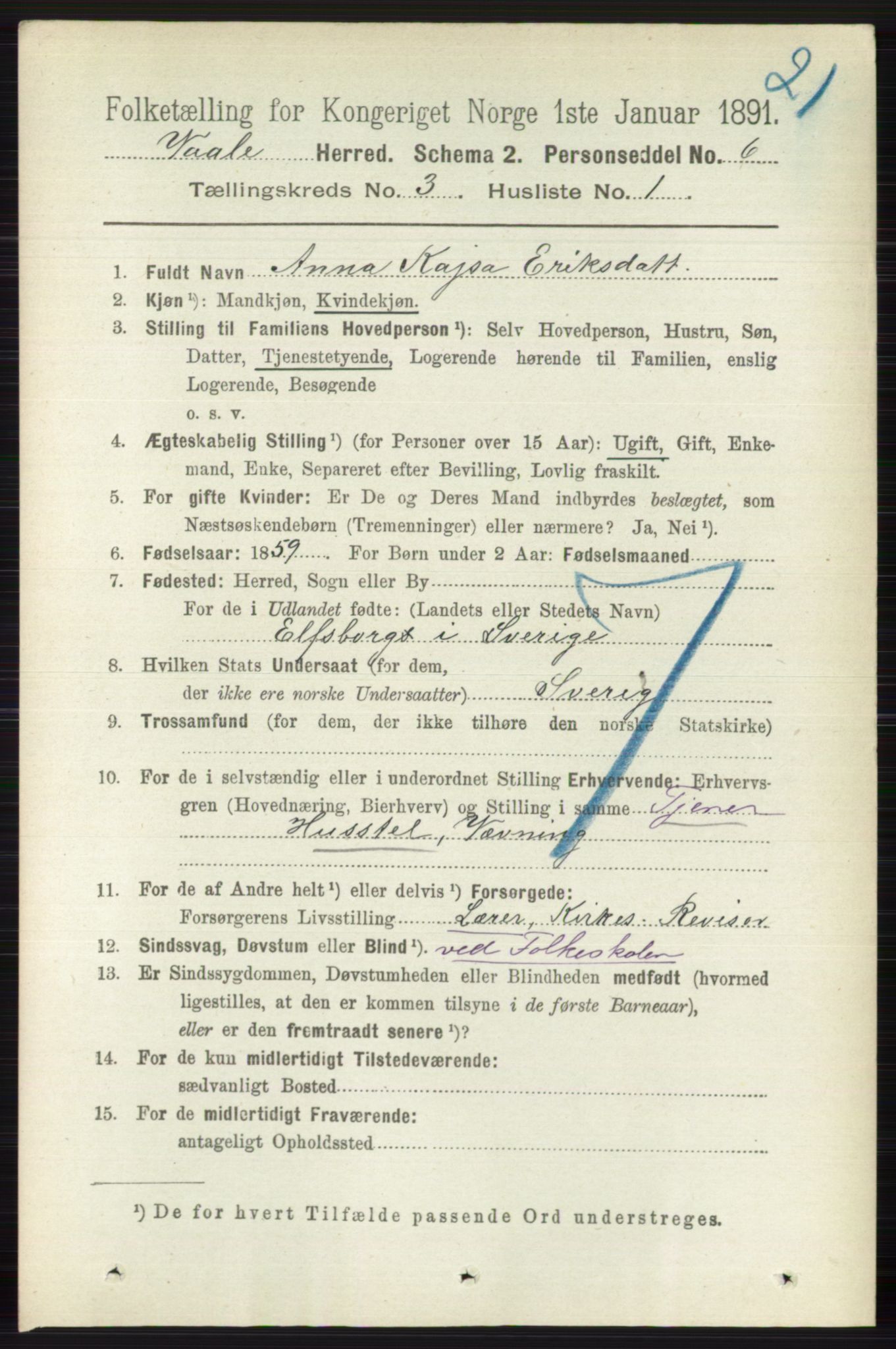 RA, 1891 census for 0716 Våle, 1891, p. 556