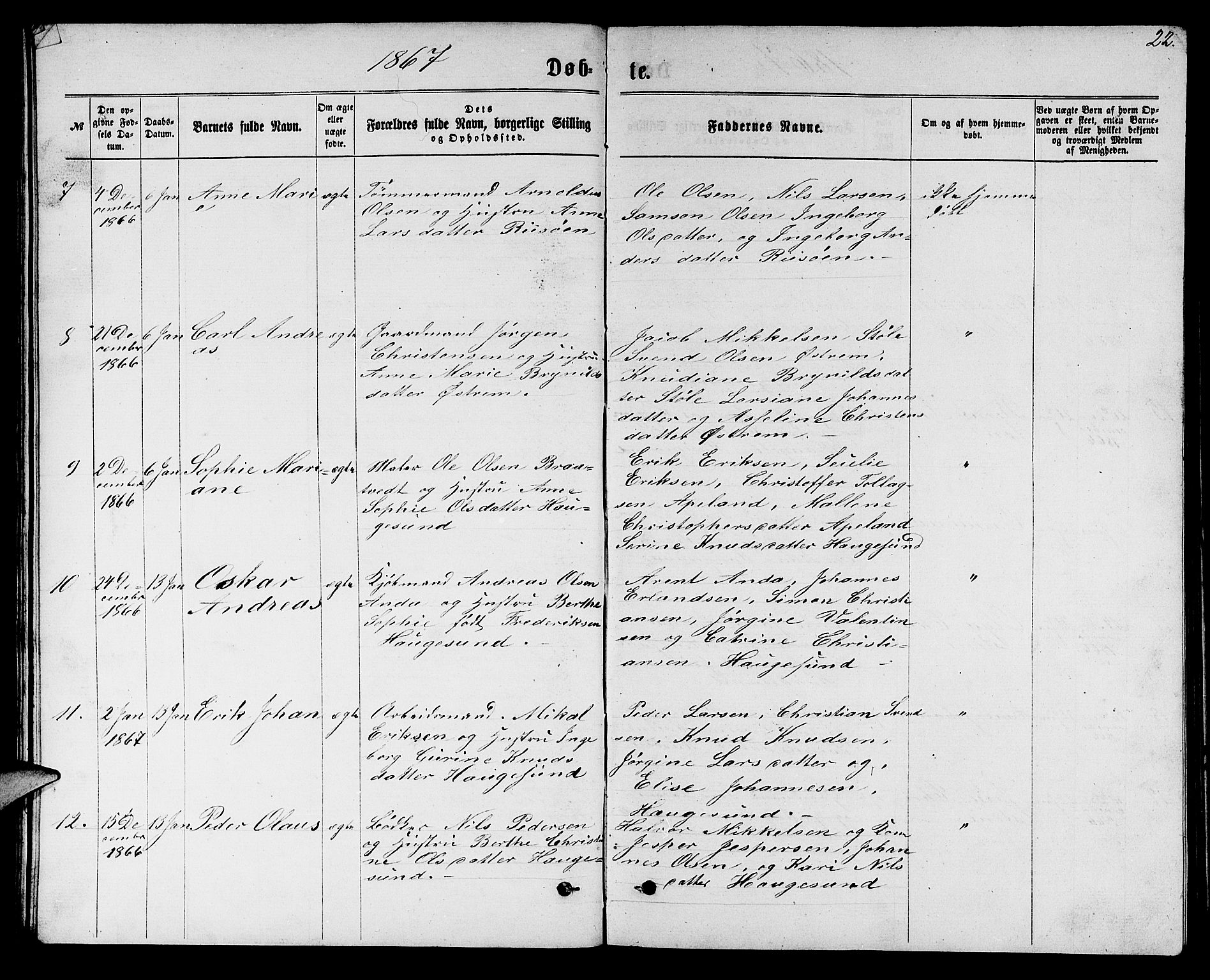 Torvastad sokneprestkontor, AV/SAST-A -101857/H/Ha/Hab/L0007: Parish register (copy) no. B 7, 1866-1873, p. 22