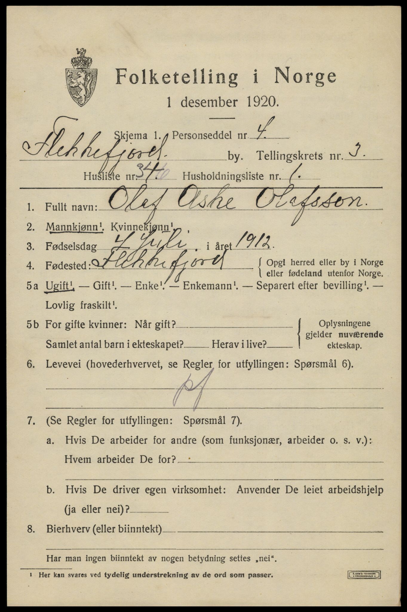 SAK, 1920 census for Flekkefjord, 1920, p. 3804