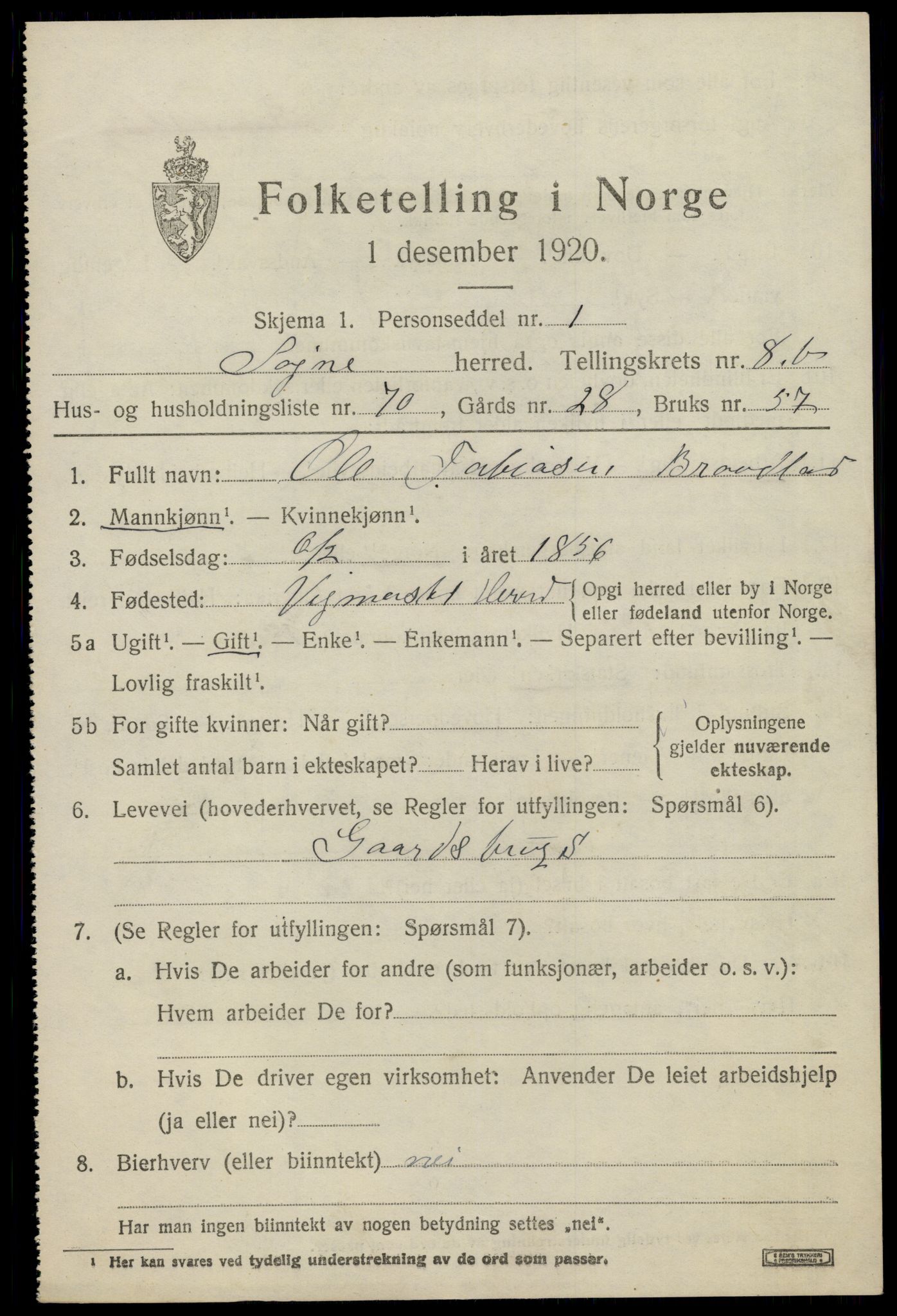 SAK, 1920 census for Søgne, 1920, p. 5277