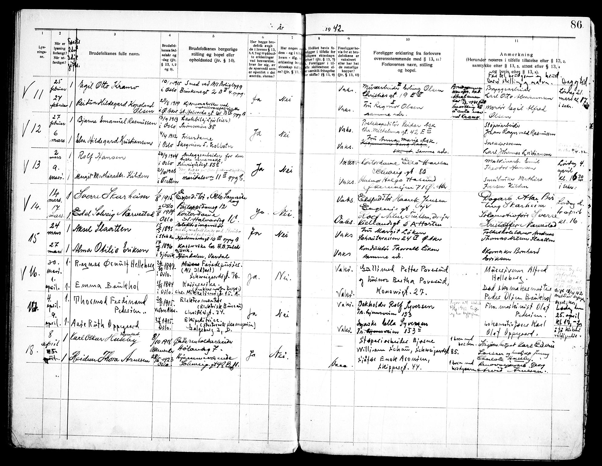 Vålerengen prestekontor Kirkebøker, AV/SAO-A-10878/H/Ha/L0004: Banns register no. 4, 1932-1947, p. 86