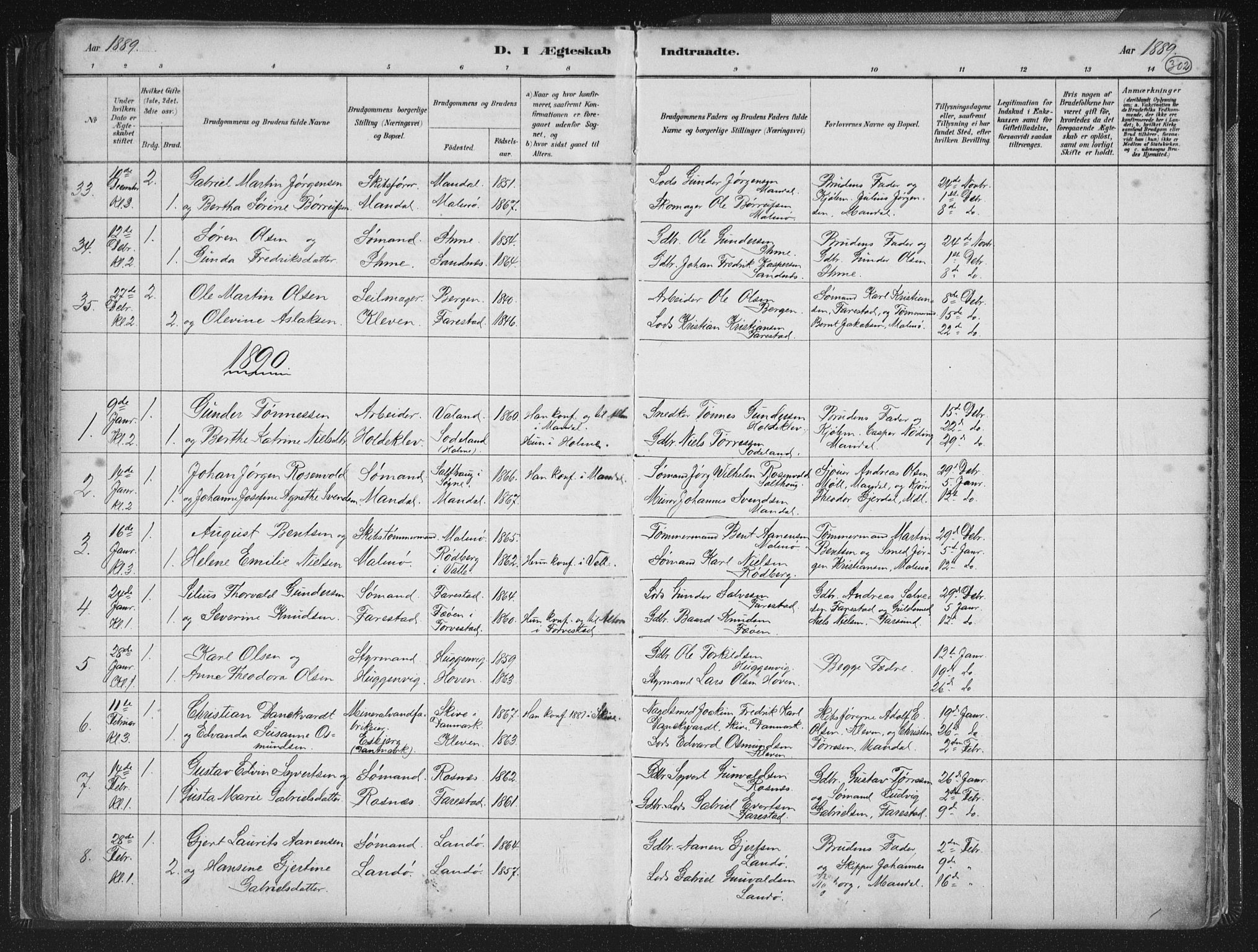 Mandal sokneprestkontor, AV/SAK-1111-0030/F/Fb/Fba/L0011: Parish register (copy) no. B 5, 1880-1898, p. 302