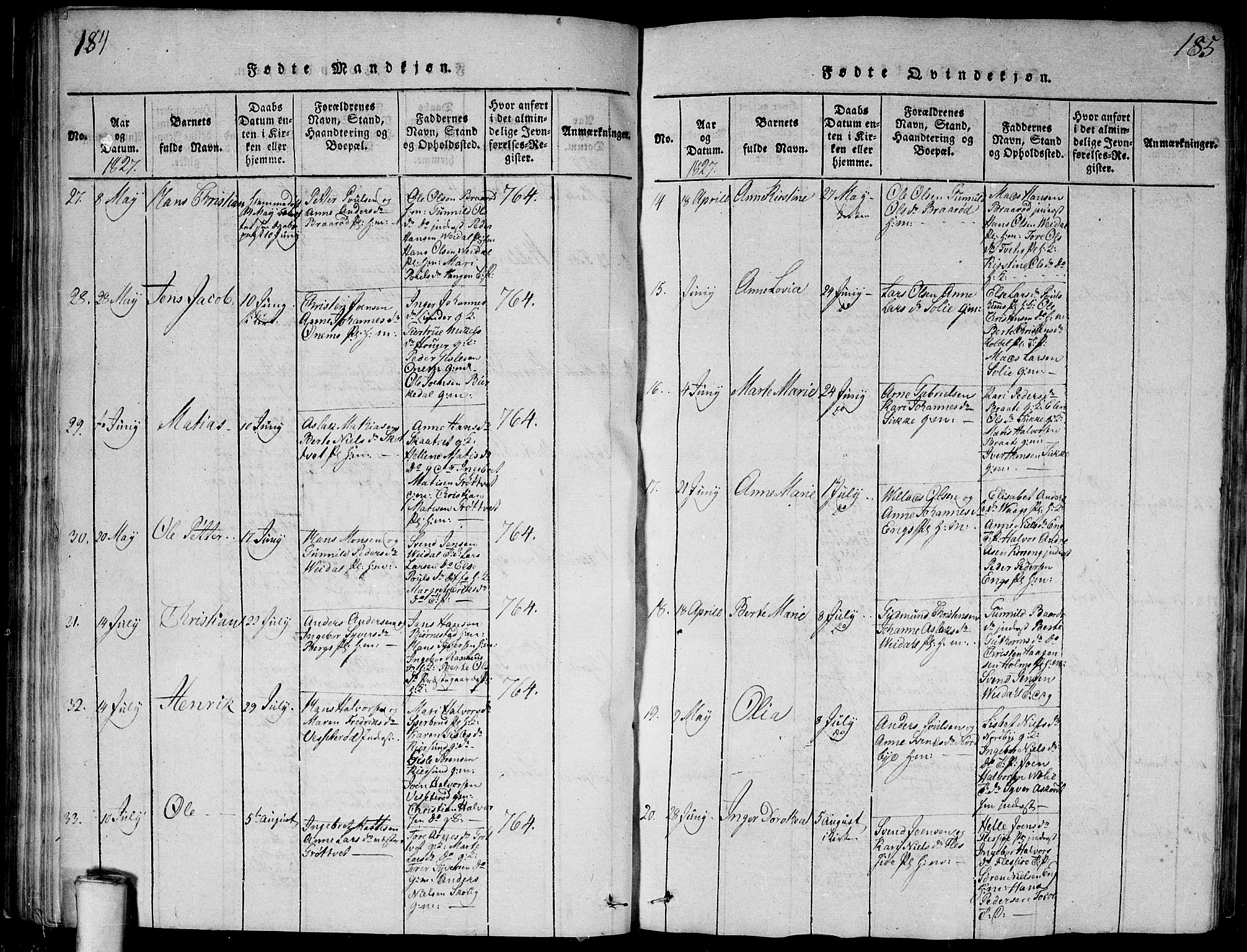 Våler prestekontor Kirkebøker, SAO/A-11083/G/Ga/L0001: Parish register (copy) no. I 1, 1815-1839, p. 184-185