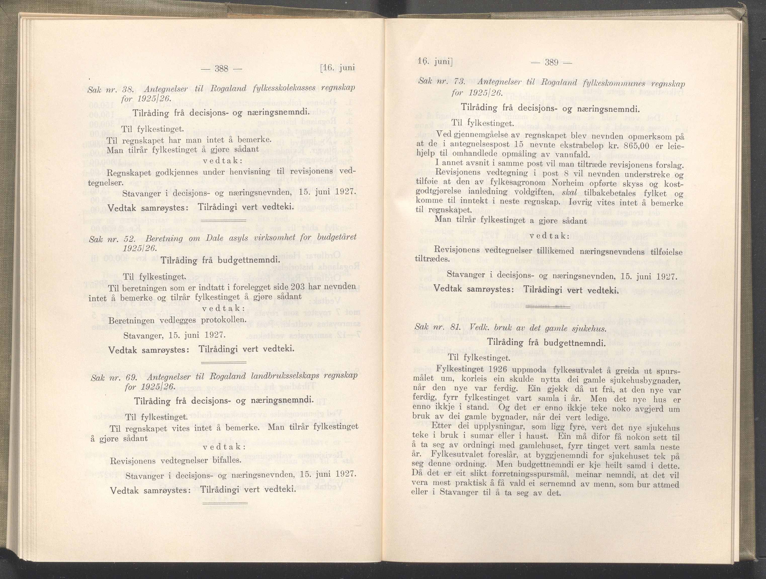 Rogaland fylkeskommune - Fylkesrådmannen , IKAR/A-900/A/Aa/Aaa/L0046: Møtebok , 1927, p. 388-389