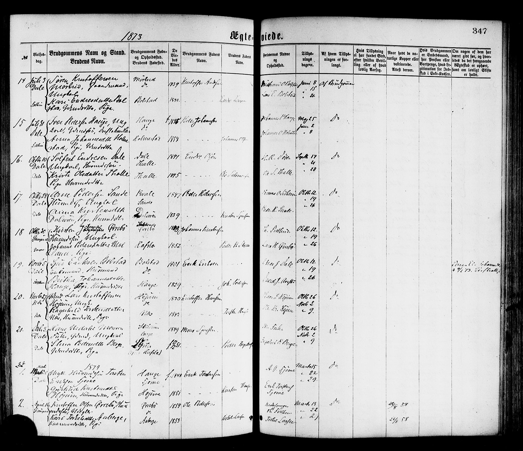 Luster sokneprestembete, SAB/A-81101/H/Haa/Haaa/L0010: Parish register (official) no. A 10, 1871-1886, p. 347