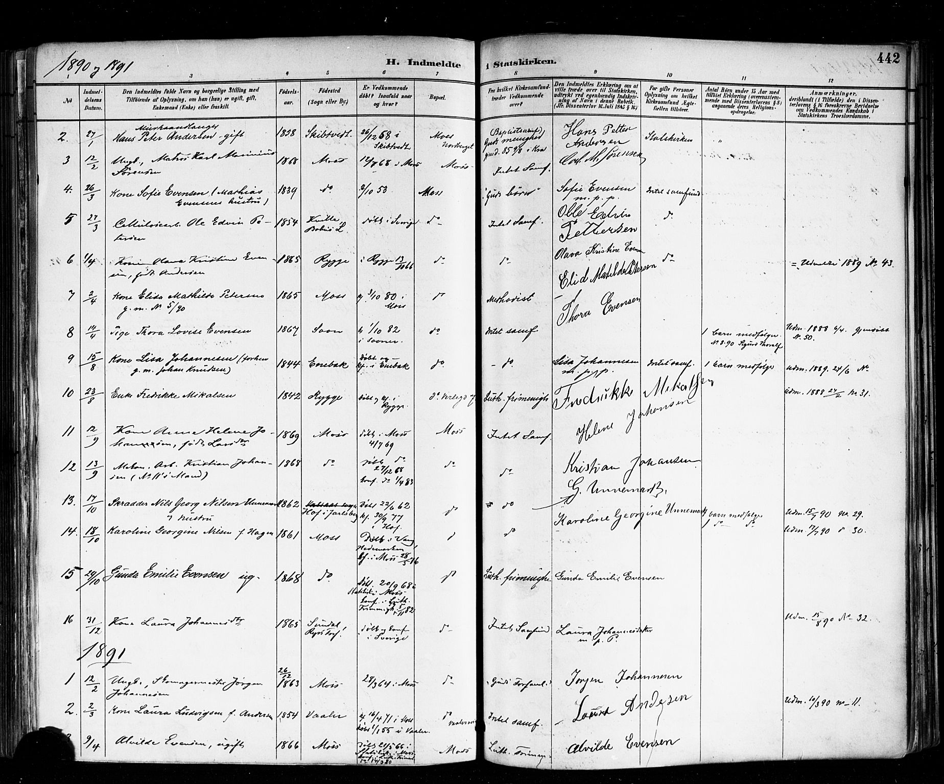 Moss prestekontor Kirkebøker, AV/SAO-A-2003/F/Fb/L0002b: Parish register (official) no. II 2B, 1887-1893, p. 442