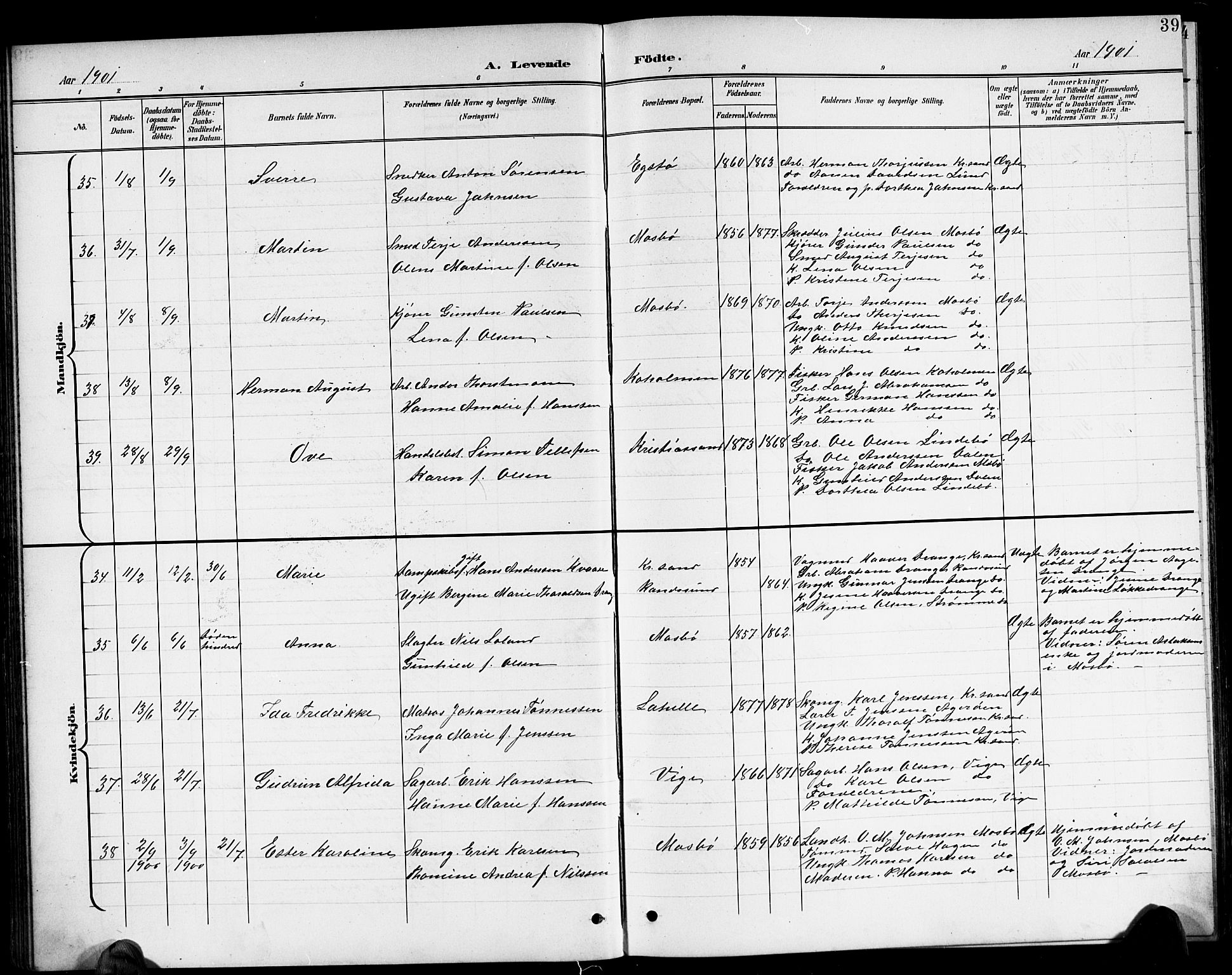 Oddernes sokneprestkontor, AV/SAK-1111-0033/F/Fb/Fba/L0009: Parish register (copy) no. B 9, 1899-1923, p. 39