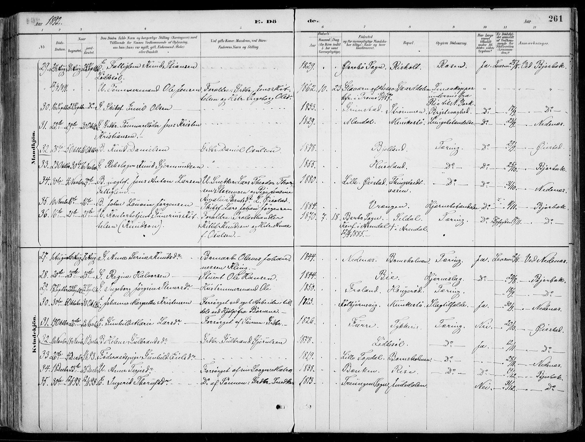 Øyestad sokneprestkontor, AV/SAK-1111-0049/F/Fa/L0017: Parish register (official) no. A 17, 1887-1896, p. 261