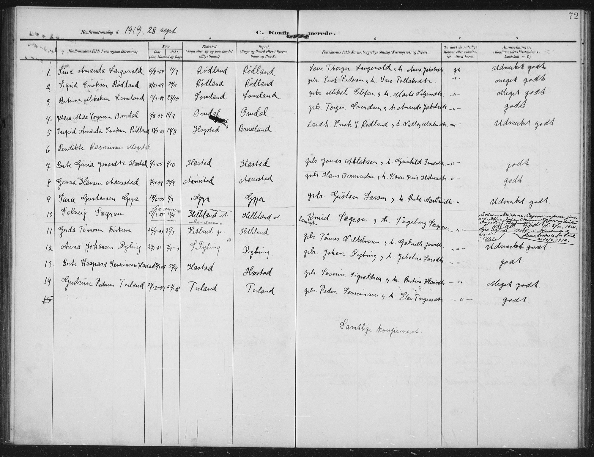 Helleland sokneprestkontor, AV/SAST-A-101810: Parish register (official) no. A 12, 1906-1923, p. 72