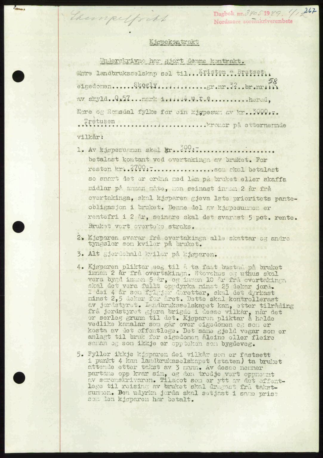 Nordmøre sorenskriveri, AV/SAT-A-4132/1/2/2Ca: Mortgage book no. A113, 1949-1950, Diary no: : 3405/1949