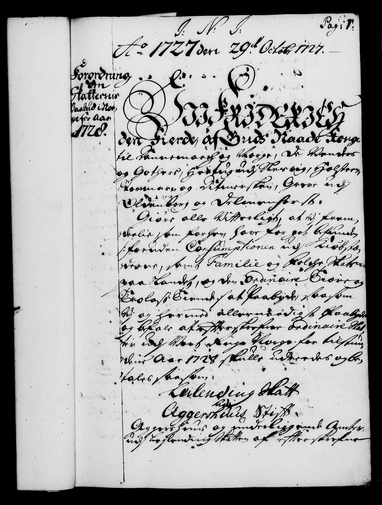 Rentekammeret, Kammerkanselliet, RA/EA-3111/G/Gg/Gga/L0003: Norsk ekspedisjonsprotokoll med register (merket RK 53.3), 1727-1734, p. 1