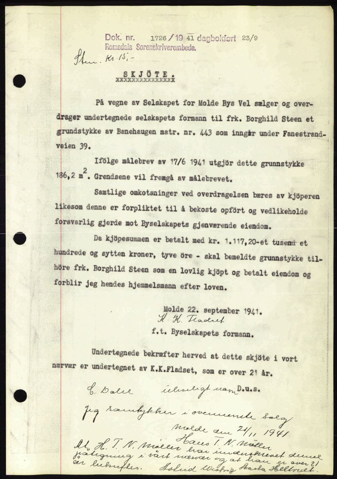 Romsdal sorenskriveri, AV/SAT-A-4149/1/2/2C: Mortgage book no. A10, 1941-1941, Diary no: : 1726/1941