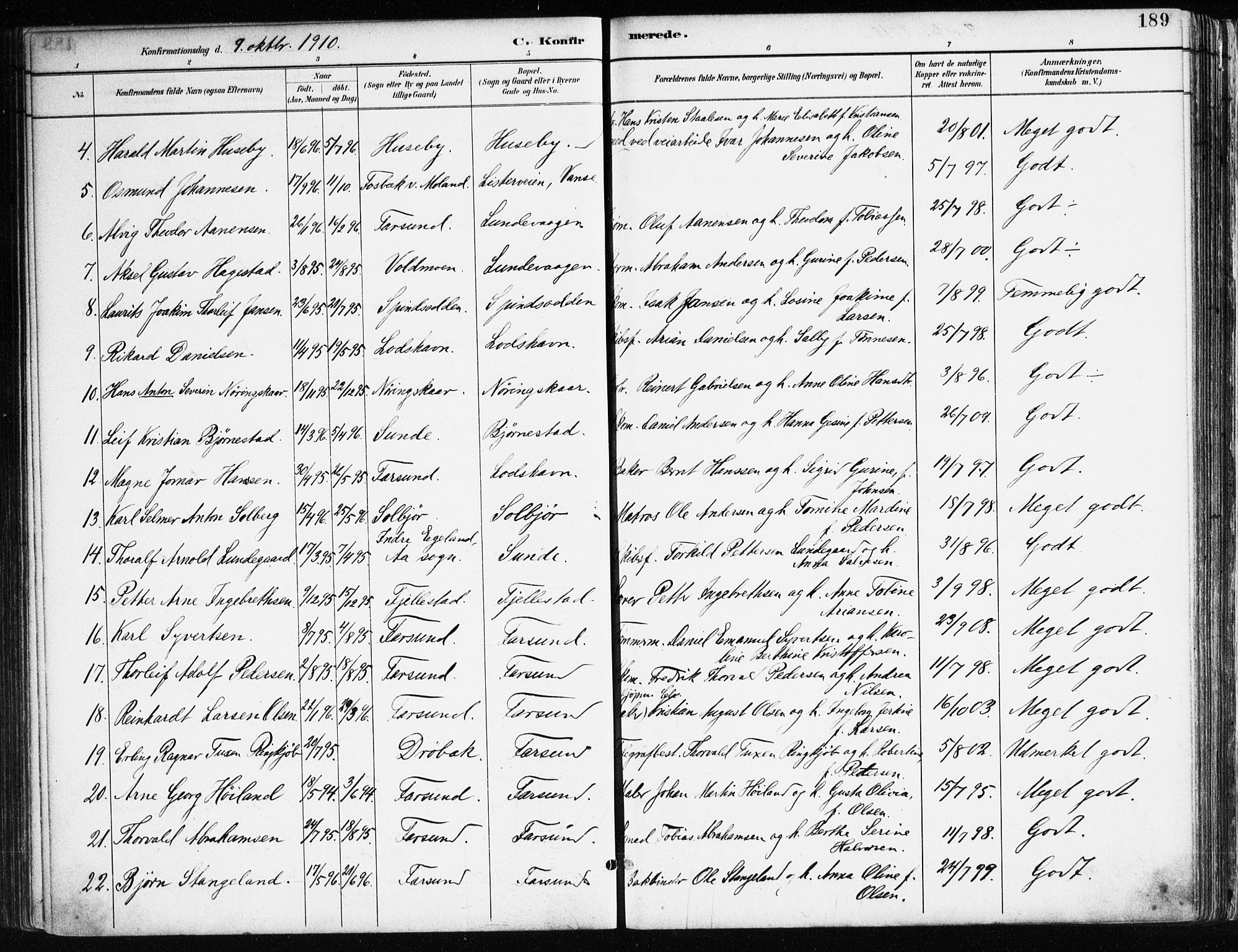 Farsund sokneprestkontor, AV/SAK-1111-0009/F/Fa/L0006: Parish register (official) no. A 6, 1887-1920, p. 189