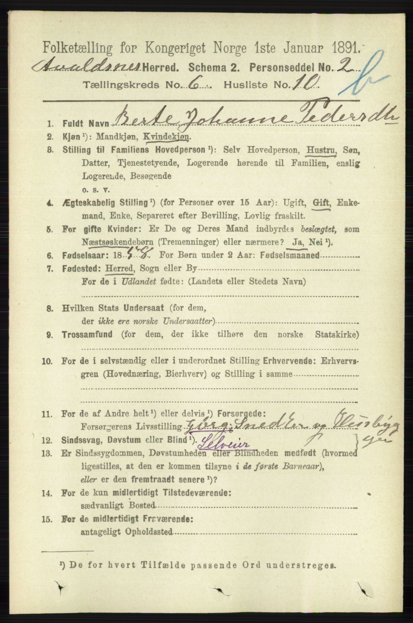 RA, 1891 census for 1147 Avaldsnes, 1891, p. 3287