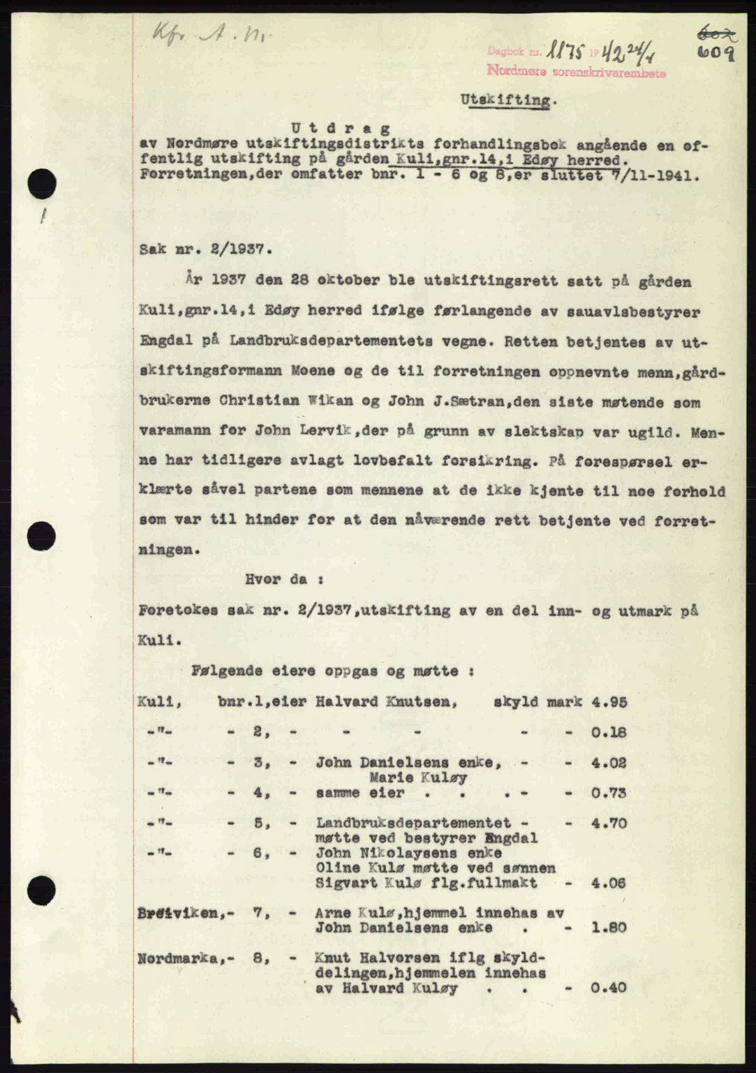 Nordmøre sorenskriveri, AV/SAT-A-4132/1/2/2Ca: Mortgage book no. A92, 1942-1942, Diary no: : 1175/1942