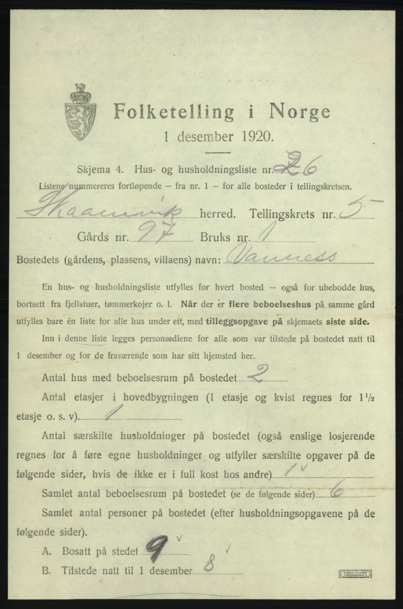 SAB, 1920 census for Skånevik, 1920, p. 809