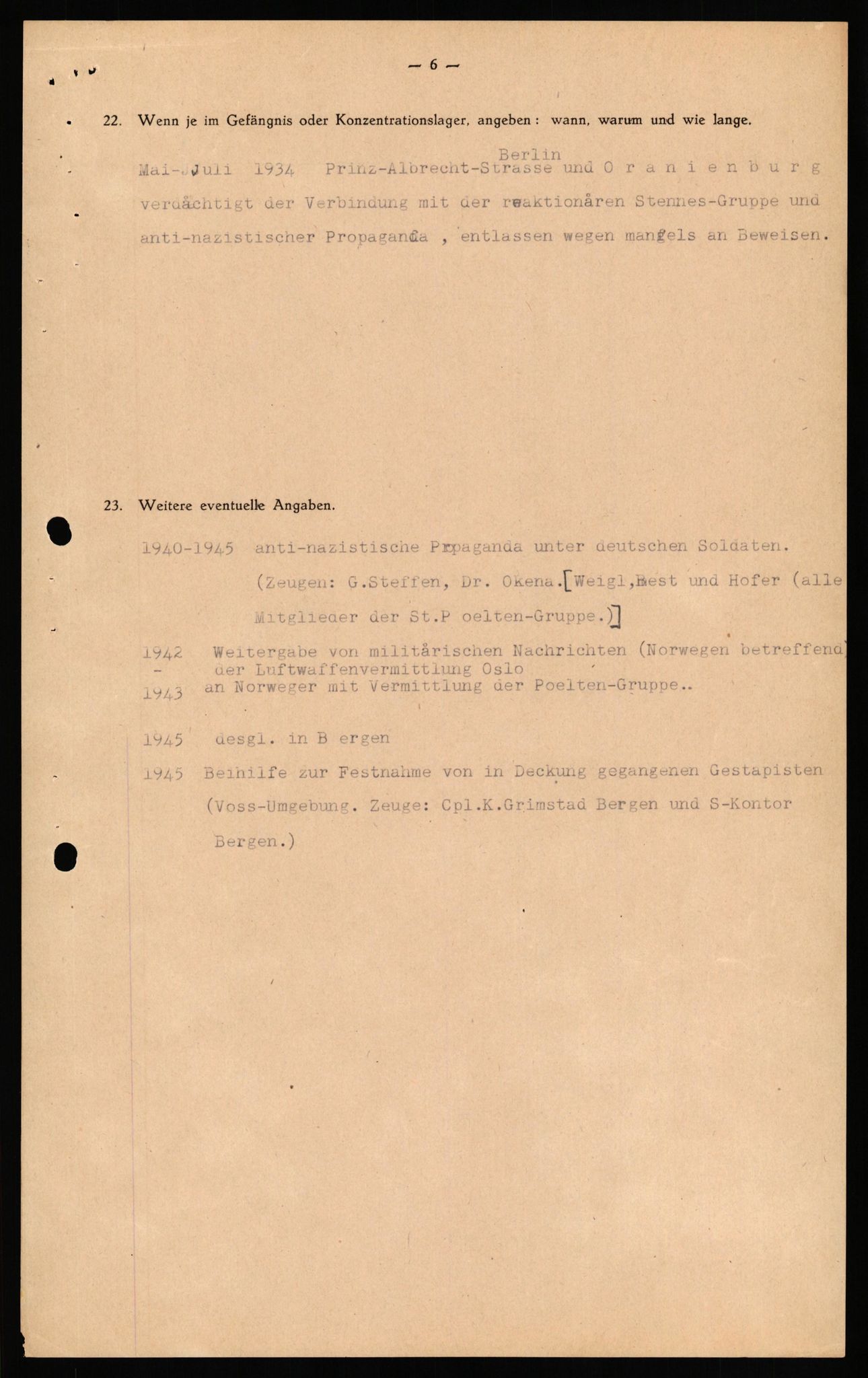 Forsvaret, Forsvarets overkommando II, RA/RAFA-3915/D/Db/L0031: CI Questionaires. Tyske okkupasjonsstyrker i Norge. Tyskere., 1945-1946, p. 399