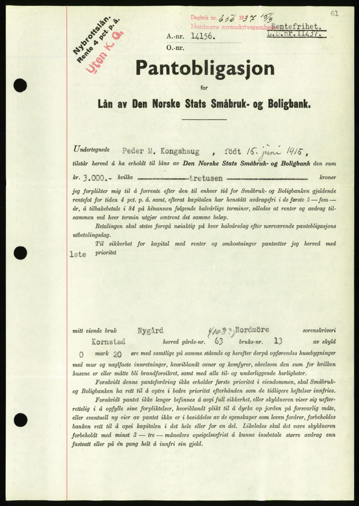 Nordmøre sorenskriveri, AV/SAT-A-4132/1/2/2Ca/L0091: Mortgage book no. B81, 1937-1937, Diary no: : 656/1937